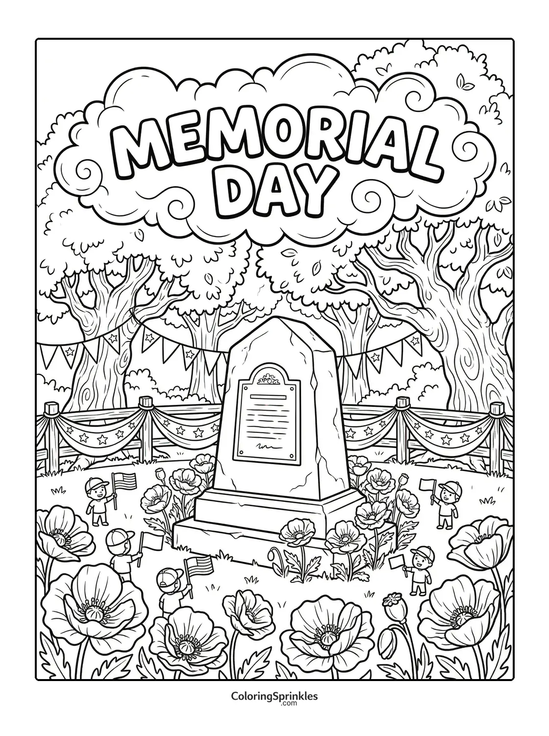 Coloring page of a Memorial Day grave with flags and flowers