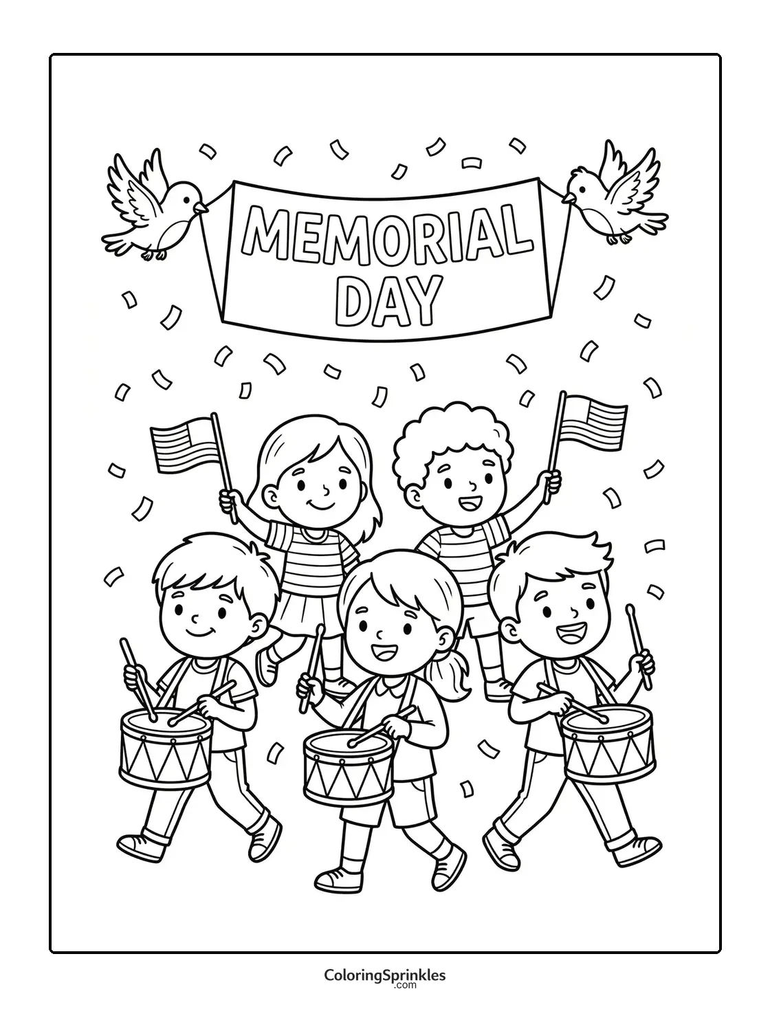 Coloring page of kids marching in a Memorial Day parade with drums and flags