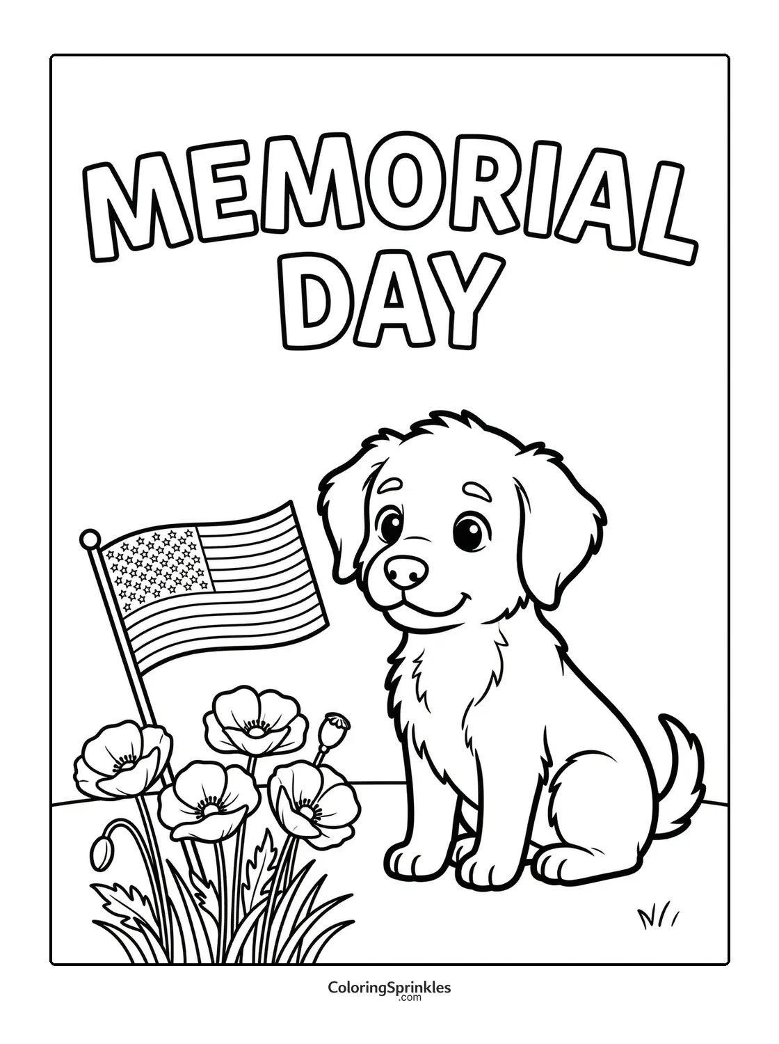 Coloring page of a puppy sitting next to an American flag and poppies for Memorial Day