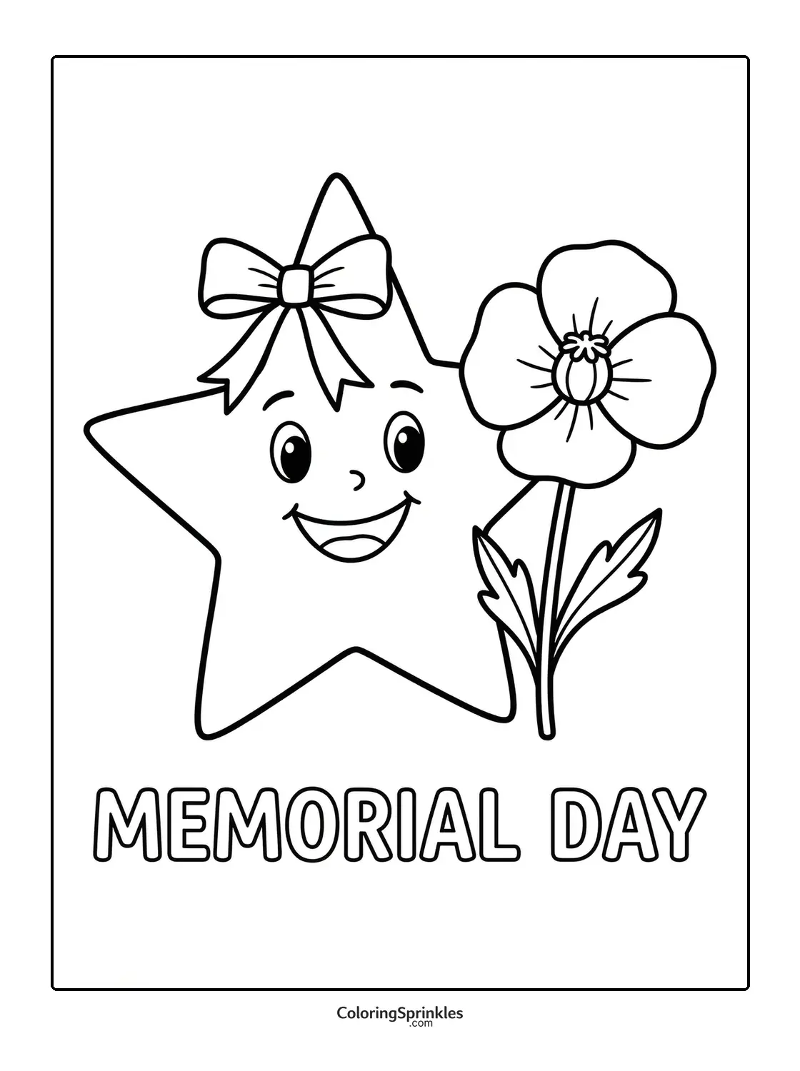 Coloring page of a smiling star with a bow and a flower for Memorial Day
