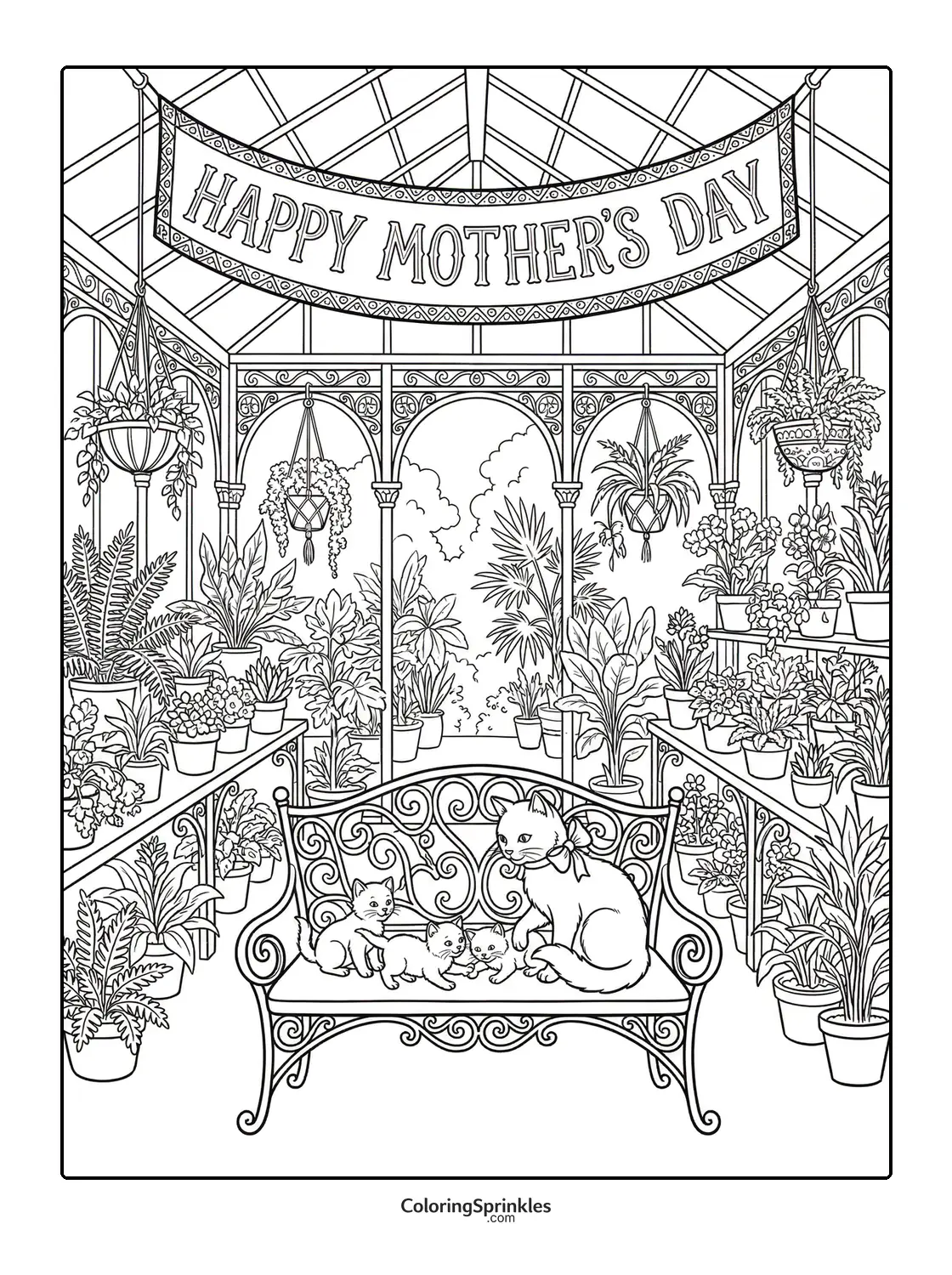 Coloring page of a mother cat with kittens on a bench in a greenhouse with plants and a Happy Mother's Day banner