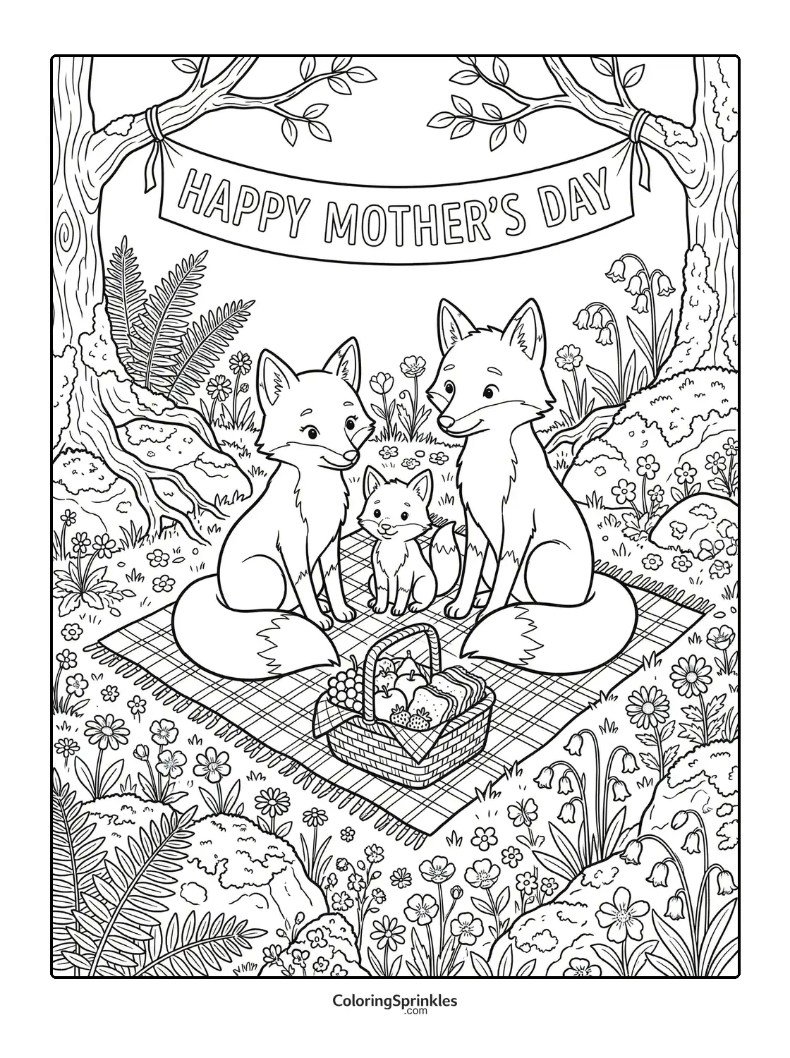 Coloring page of a fox family having a picnic in the forest for Mother's Day
