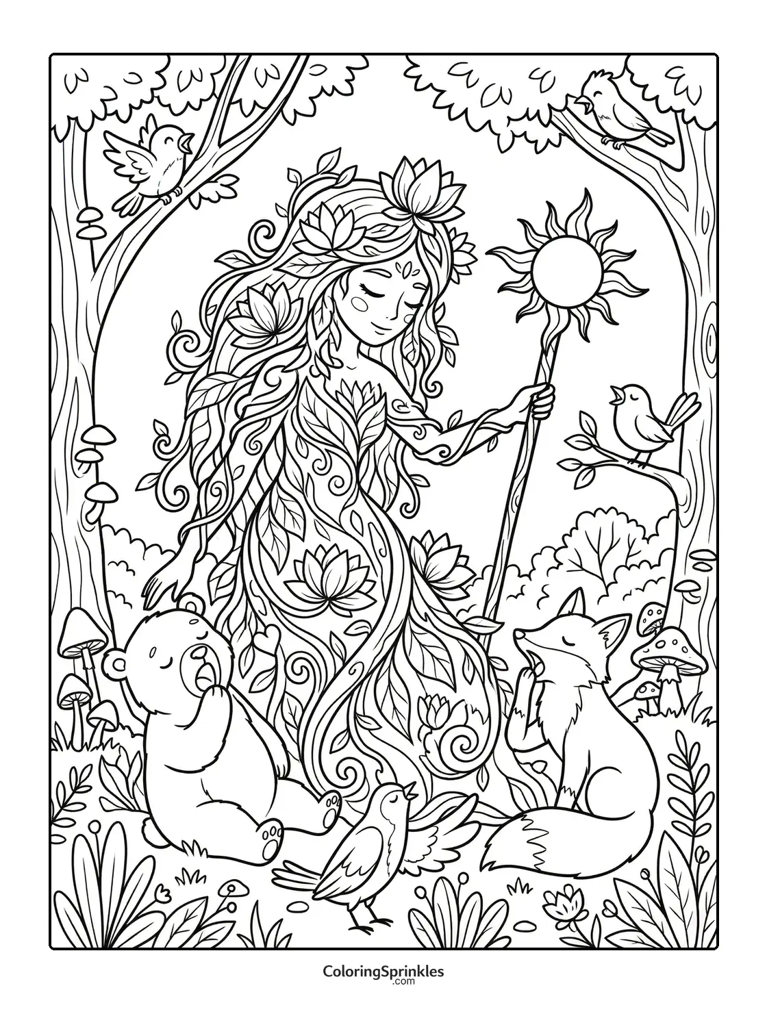 Coloring page of a nature goddess with a magic staff surrounded by forest animals