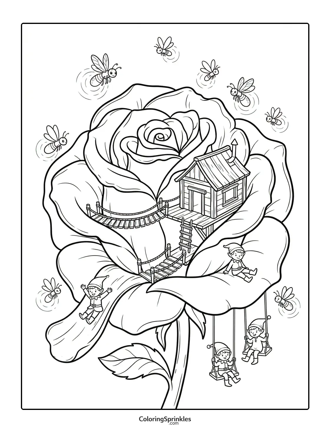 Coloring page of a tiny house on a rose with elves and bees