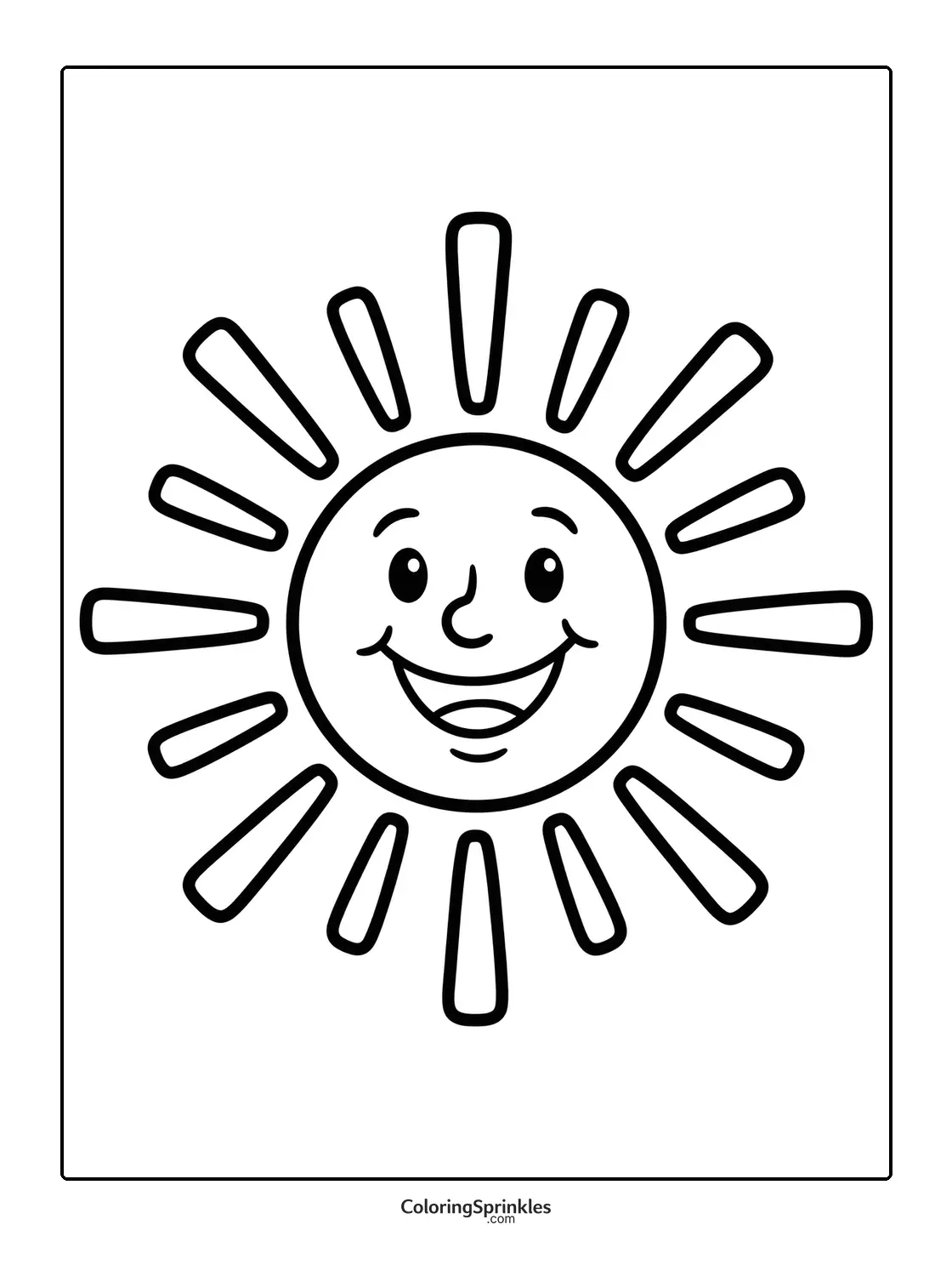 Coloring page of a smiling sun with rays and a happy face