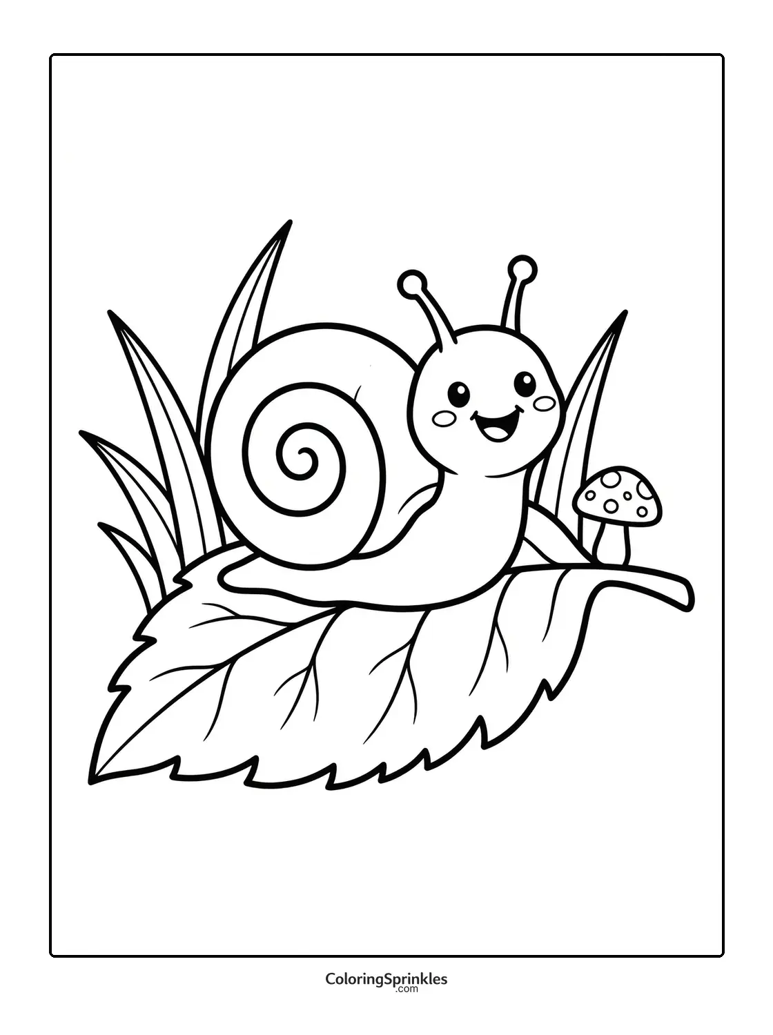 Coloring page of a smiling snail on a leaf with a mushroom and grass