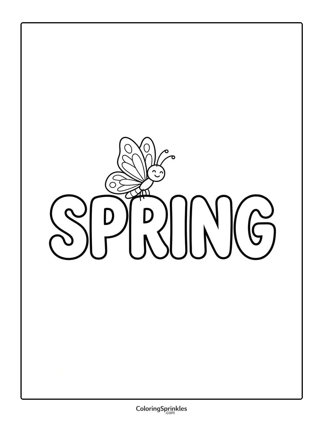 Coloring page of the word spring with a butterfly