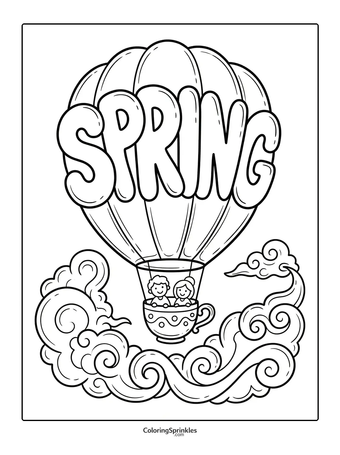 Coloring page of a spring hot air balloon shaped like a teacup with children and clouds