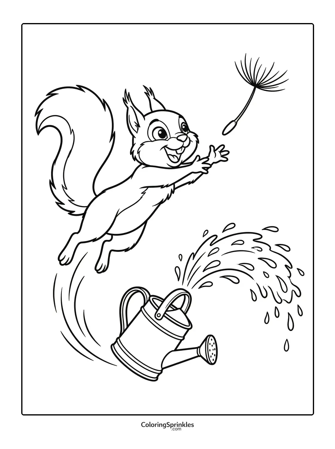 Coloring page of a squirrel catching a dandelion seed near a watering can