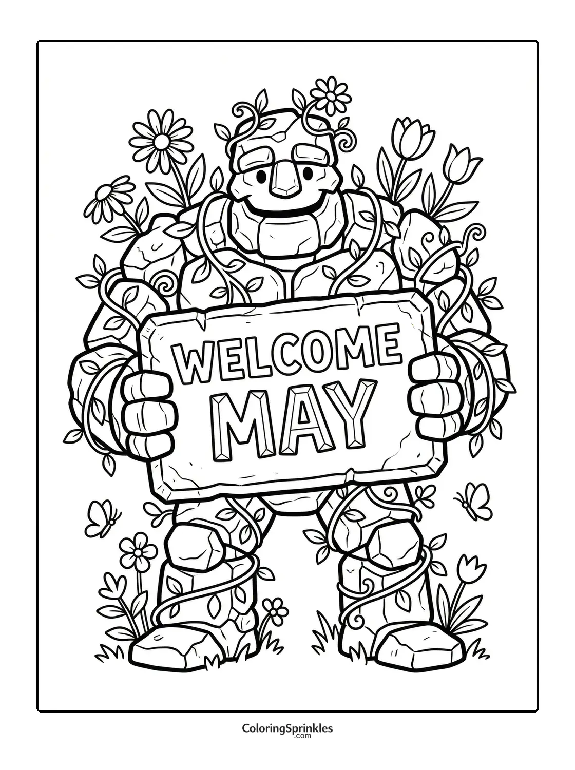 Coloring page of a stone golem holding a welcome May sign with flowers and vines