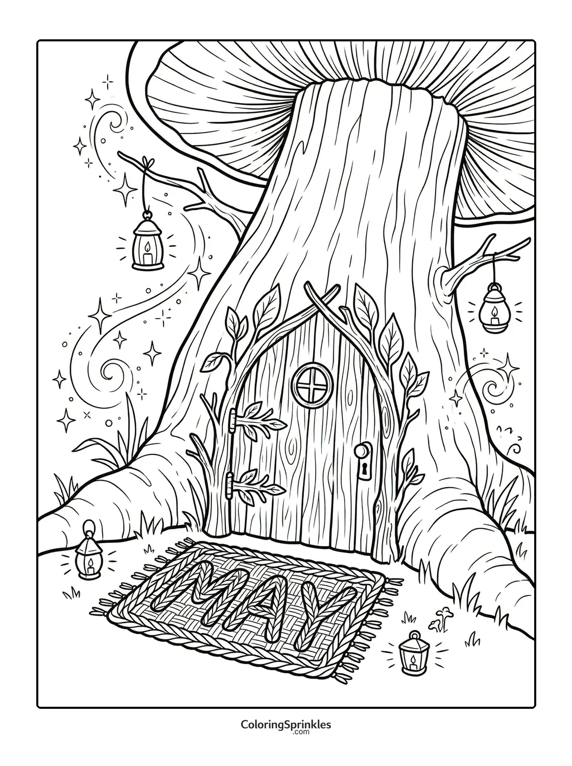 Coloring page of a tree house door with lanterns and a welcome mat