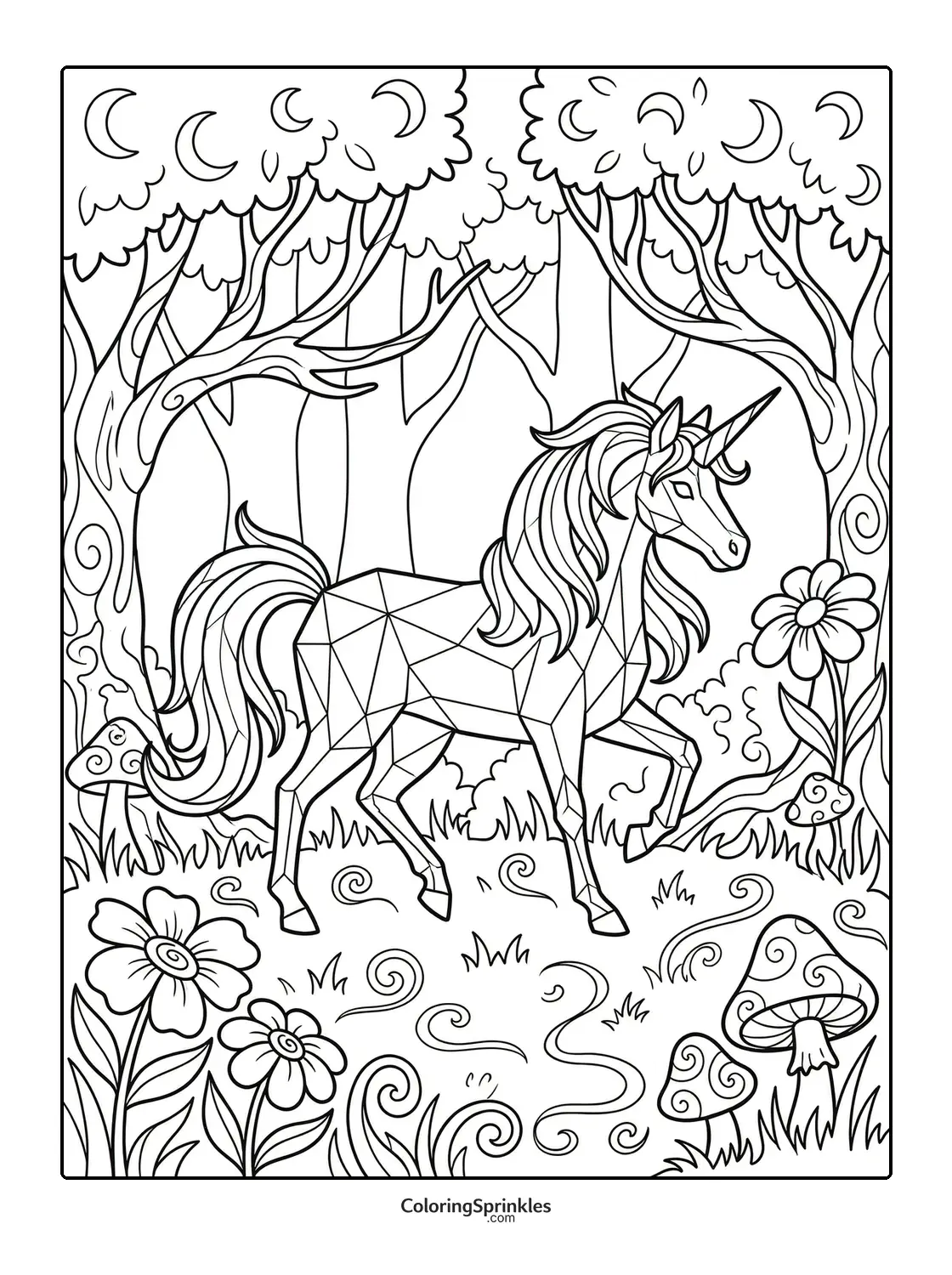 Coloring page of a geometric unicorn in a forest with flowers and mushrooms