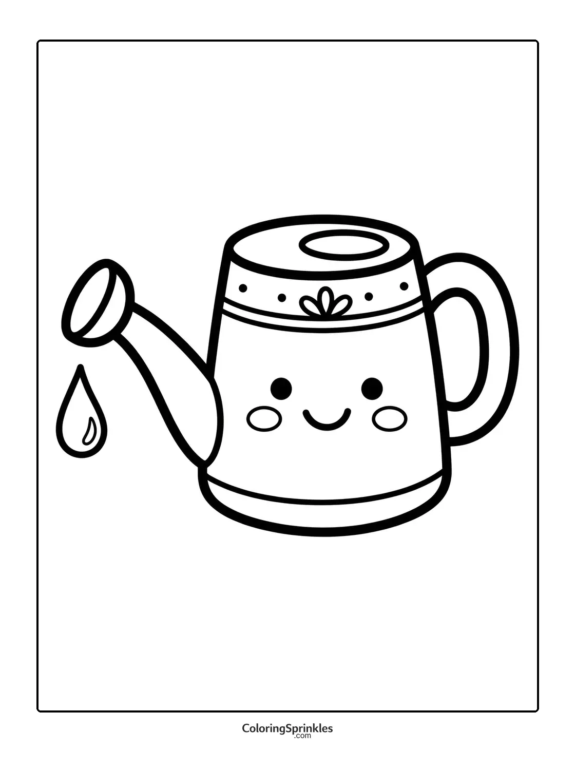 Coloring page of a smiling watering can with a water drop