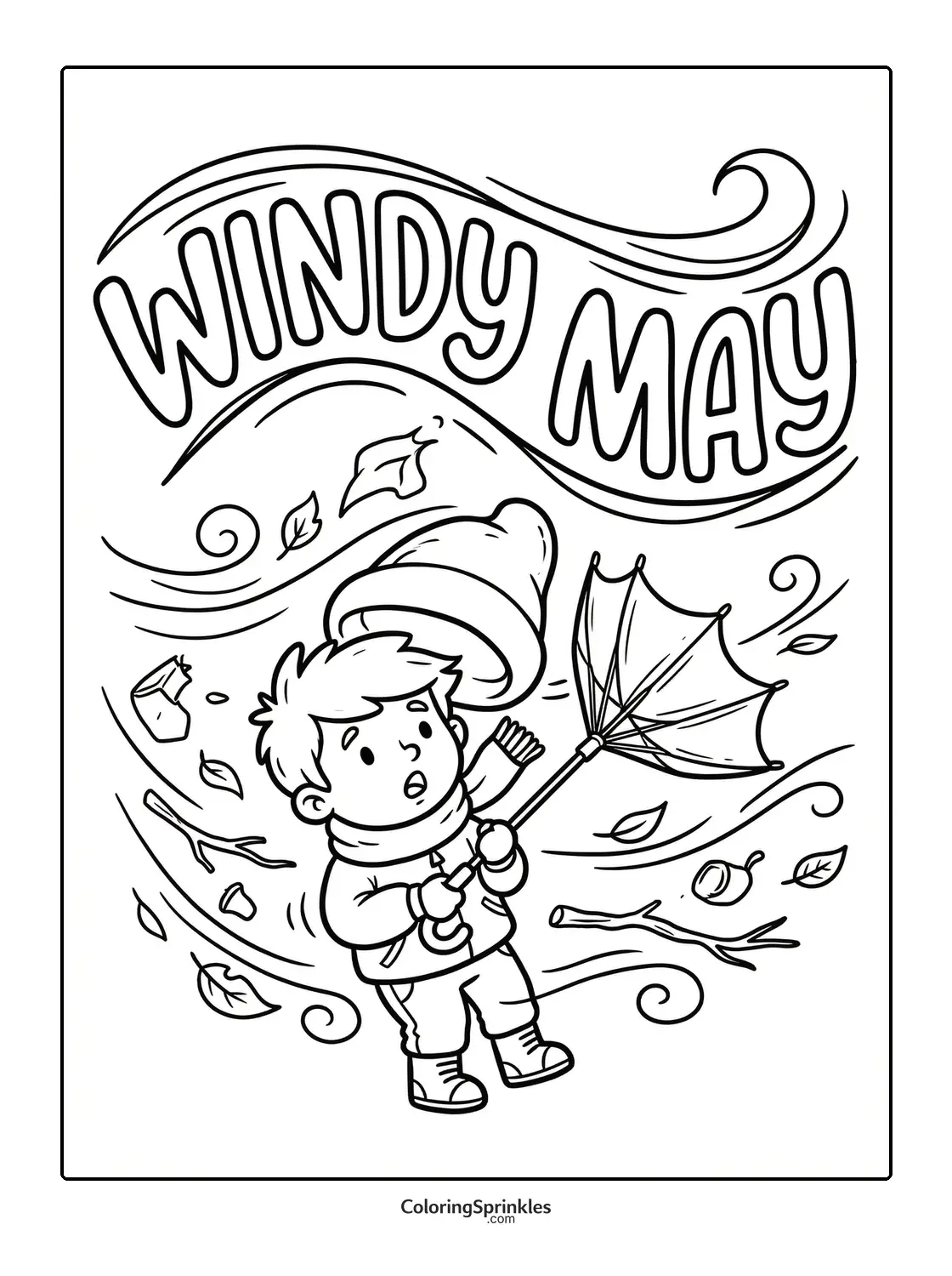 Coloring page of a boy holding an umbrella in windy May weather