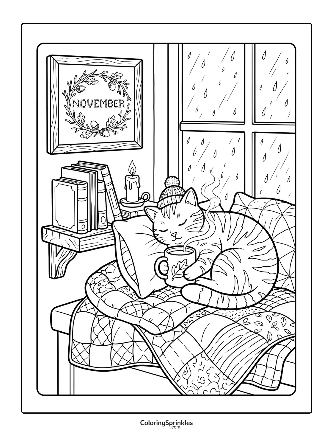 Coloring page of a cat cozy by a window on a rainy November day