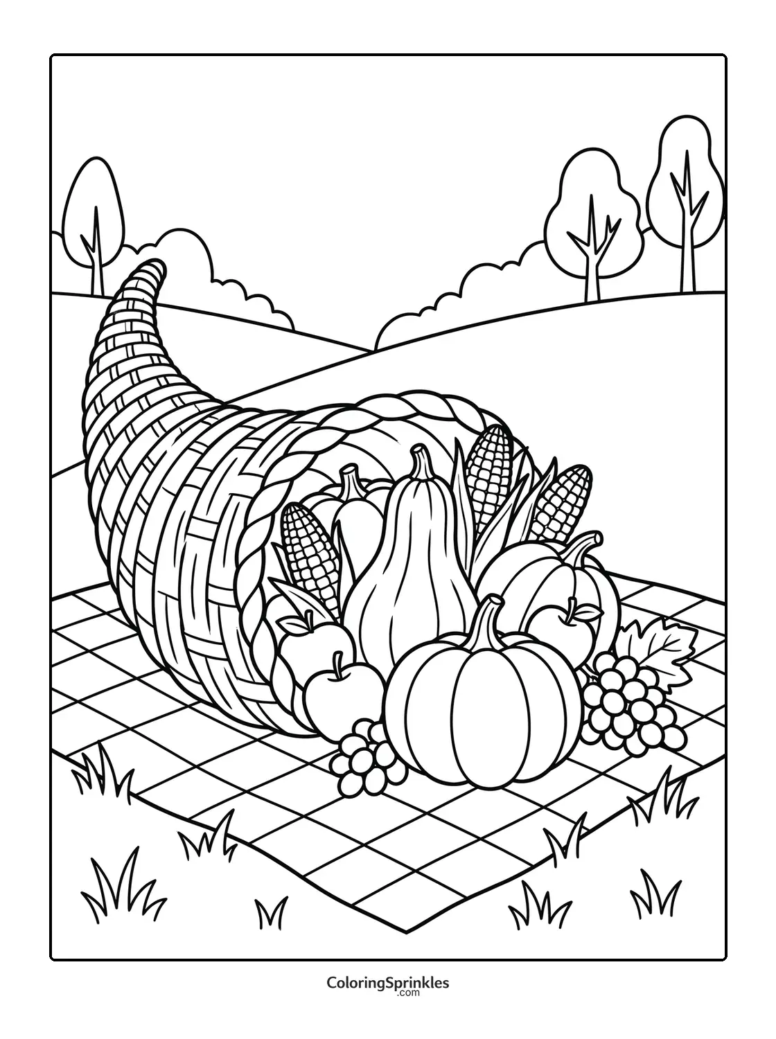 Coloring page of a cornucopia with fall harvest fruits and vegetables on a picnic blanket