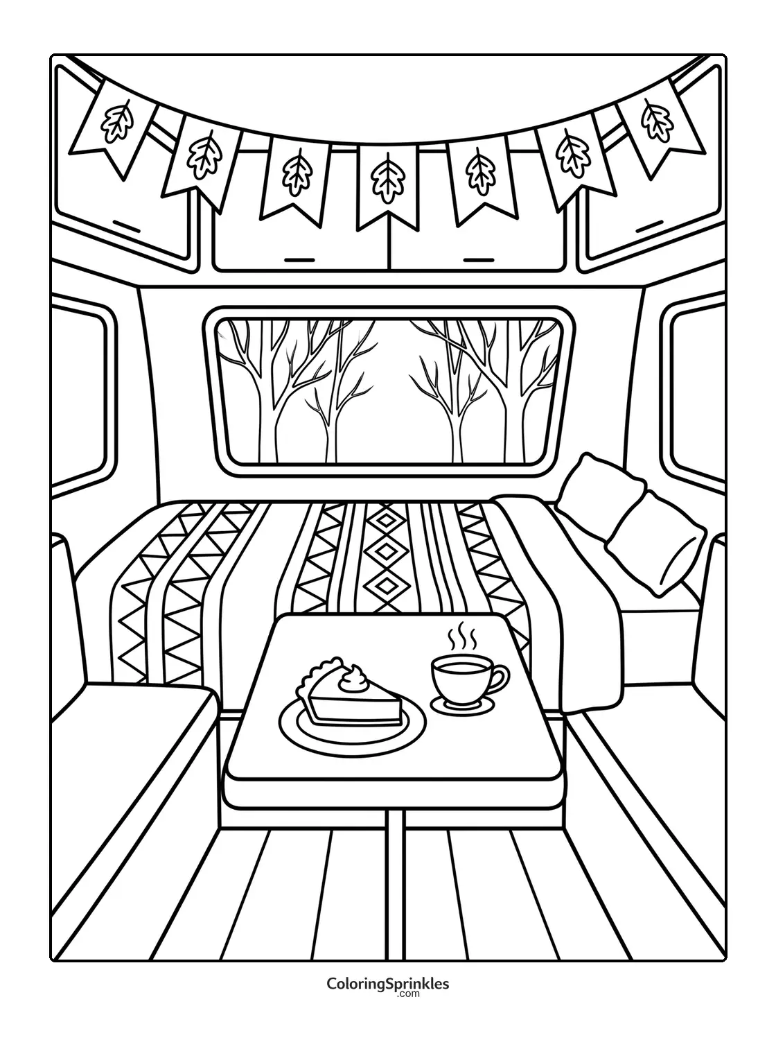 Coloring page of a cozy camper interior with pie and coffee