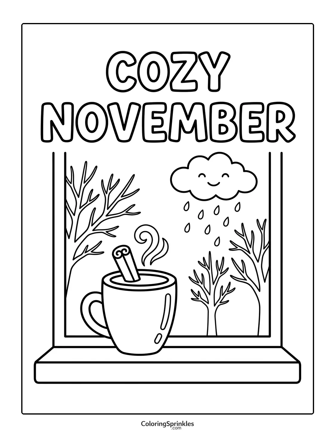 Coloring page of a cozy November scene with a hot drink by a window and rainy weather