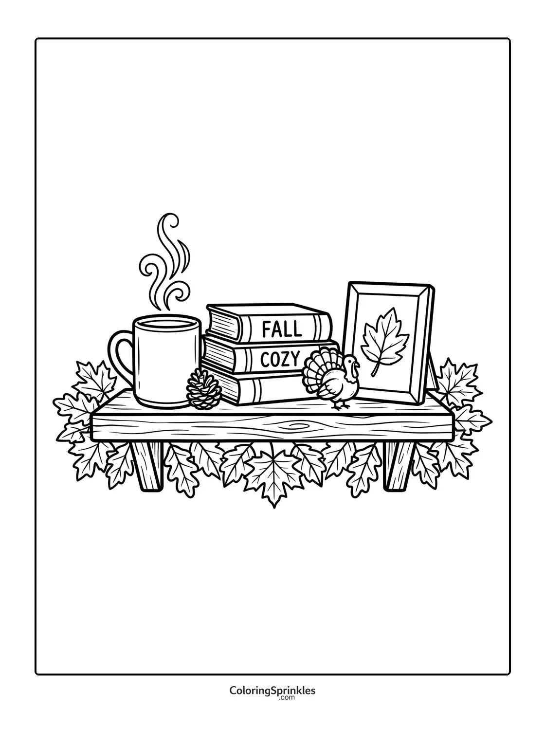 Coloring page of a cozy fall scene with books, a steaming mug, a turkey figurine, and autumn leaves