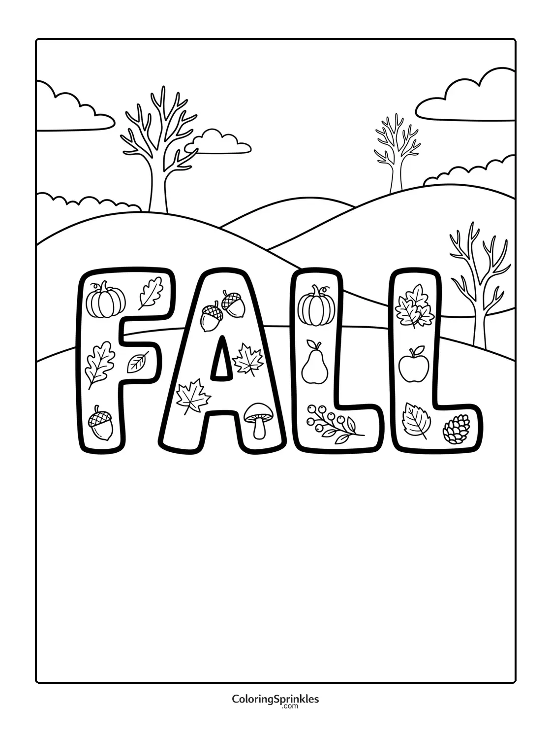 Coloring page of the word fall decorated with leaves, pumpkins, and acorns in front of hills