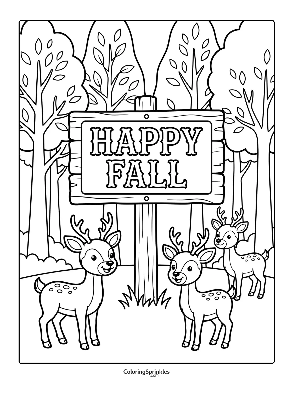 Coloring page of a happy fall sign with deer in a forest