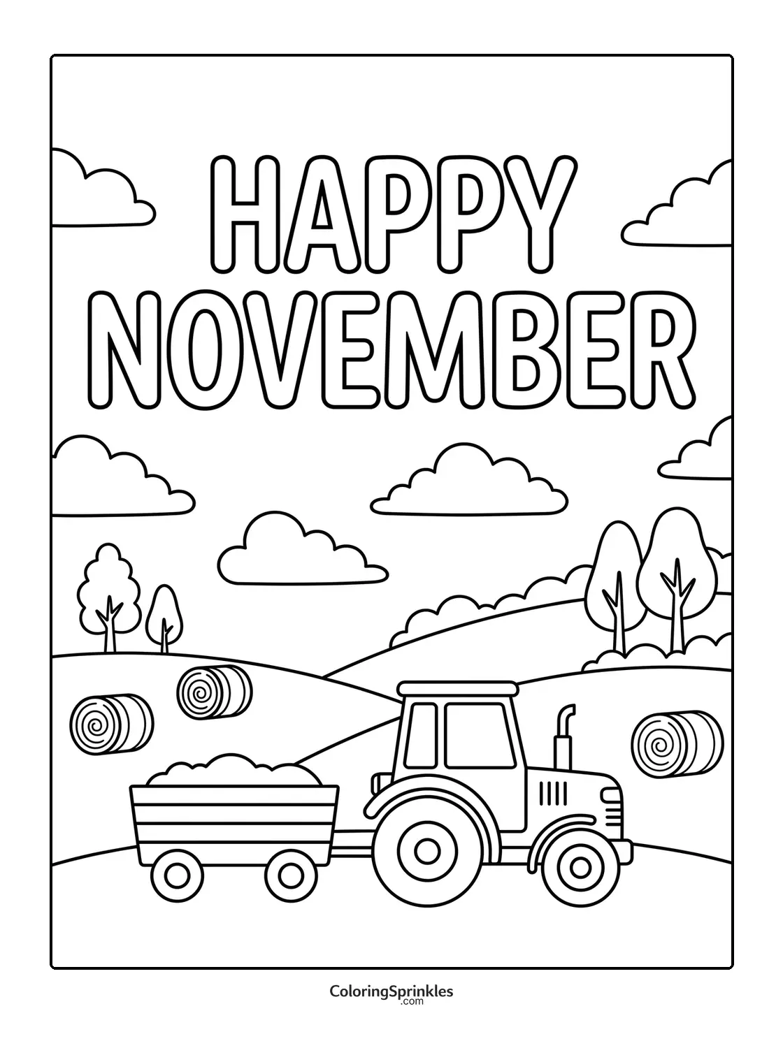 Coloring page of a happy November scene with a tractor and hay bales on a farm