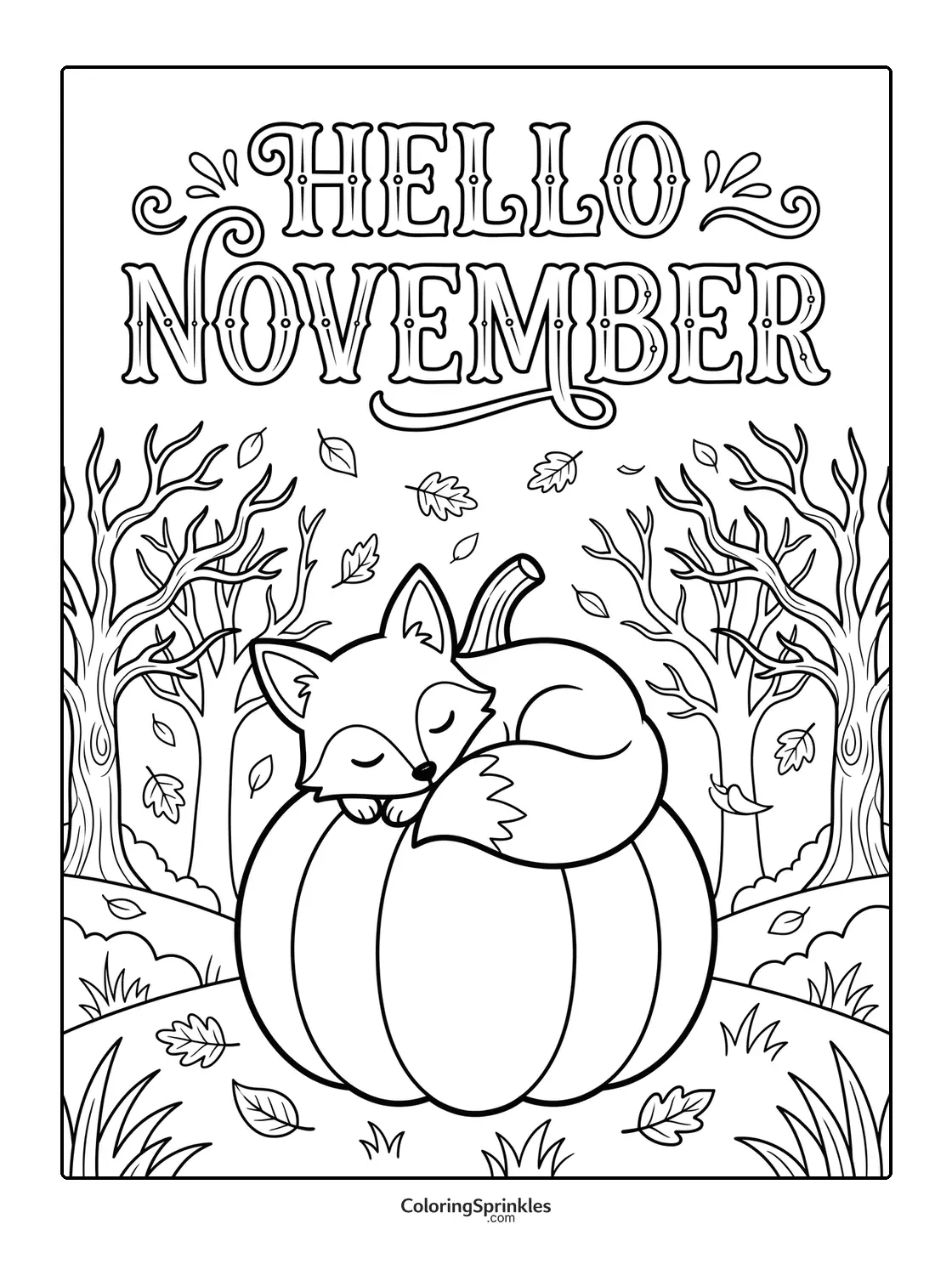 Coloring page of a sleeping fox on a pumpkin with falling leaves and Hello November text
