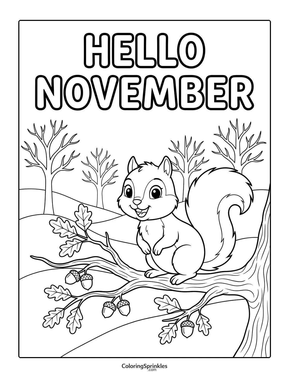 Coloring page of a happy squirrel sitting on a tree branch with acorns and the text hello november