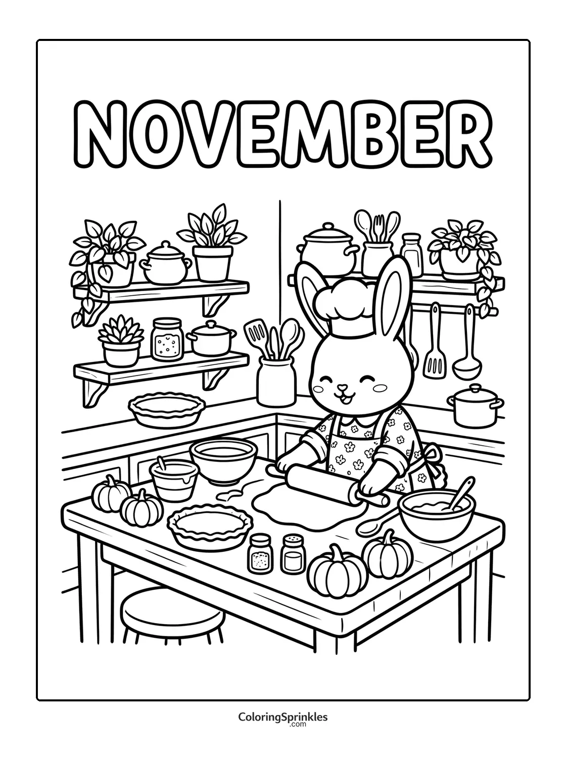 Coloring page of a bunny baking with pumpkins in a kitchen in November