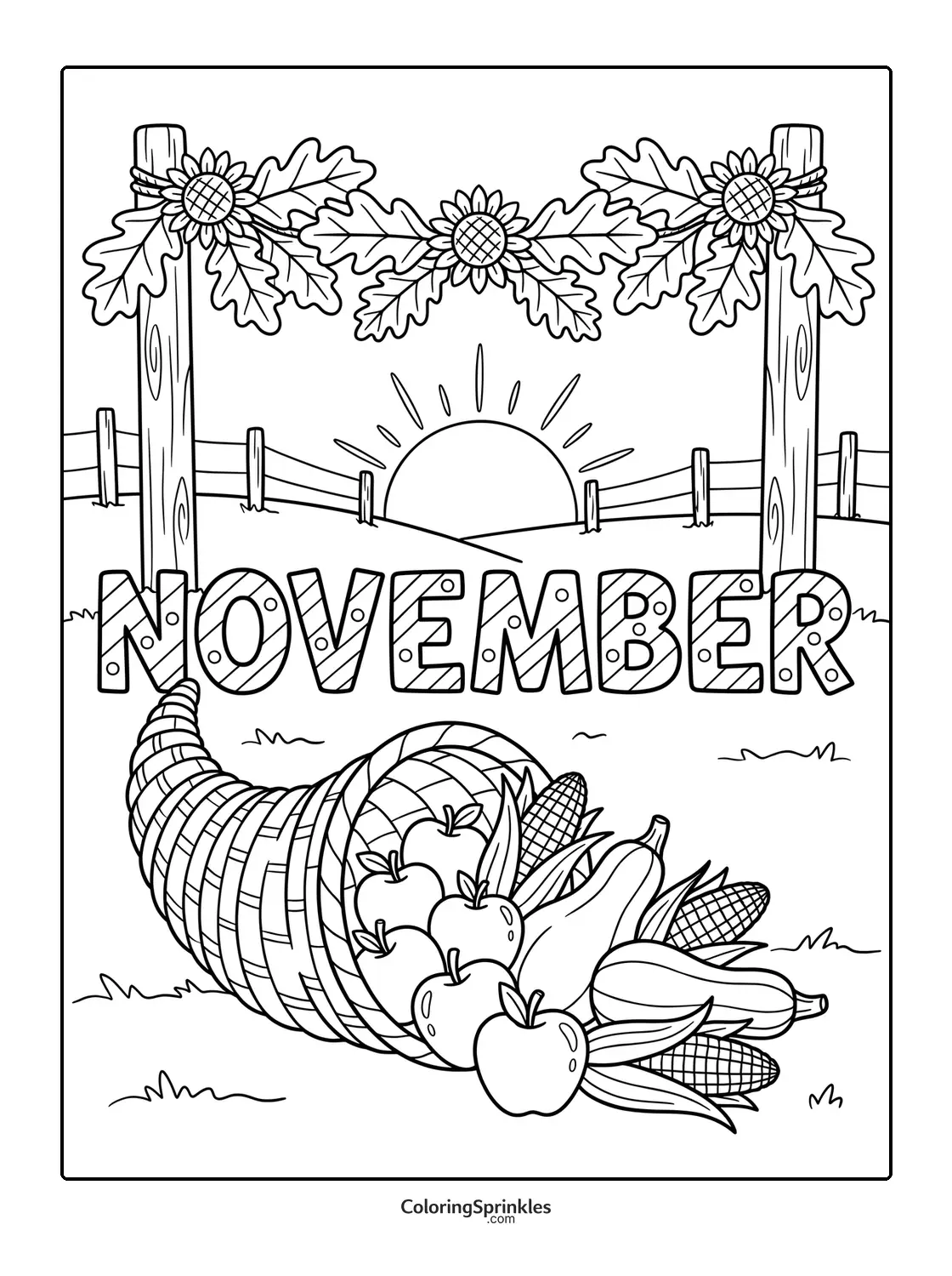 Coloring page of a November cornucopia with apples and vegetables at sunrise
