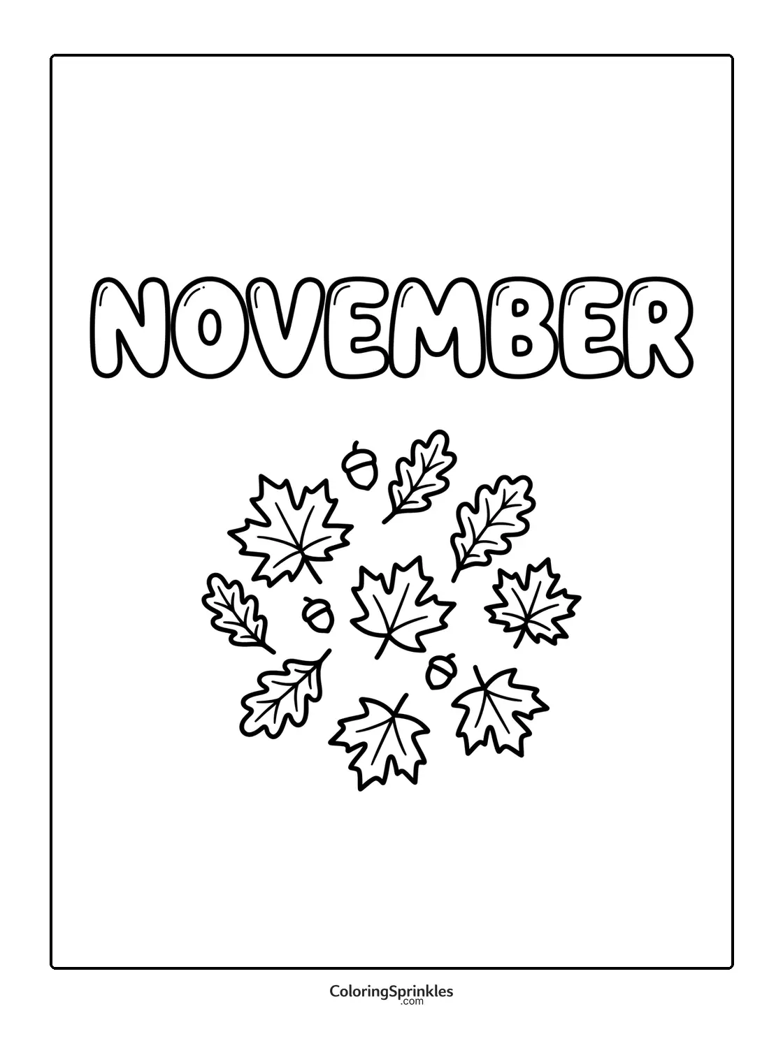 Coloring page of November text with fall leaves and acorns