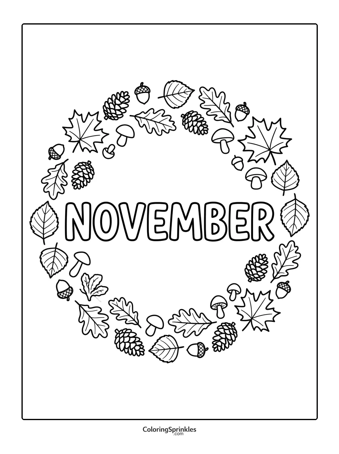 Coloring page of November surrounded by fall leaves acorns pinecones and mushrooms