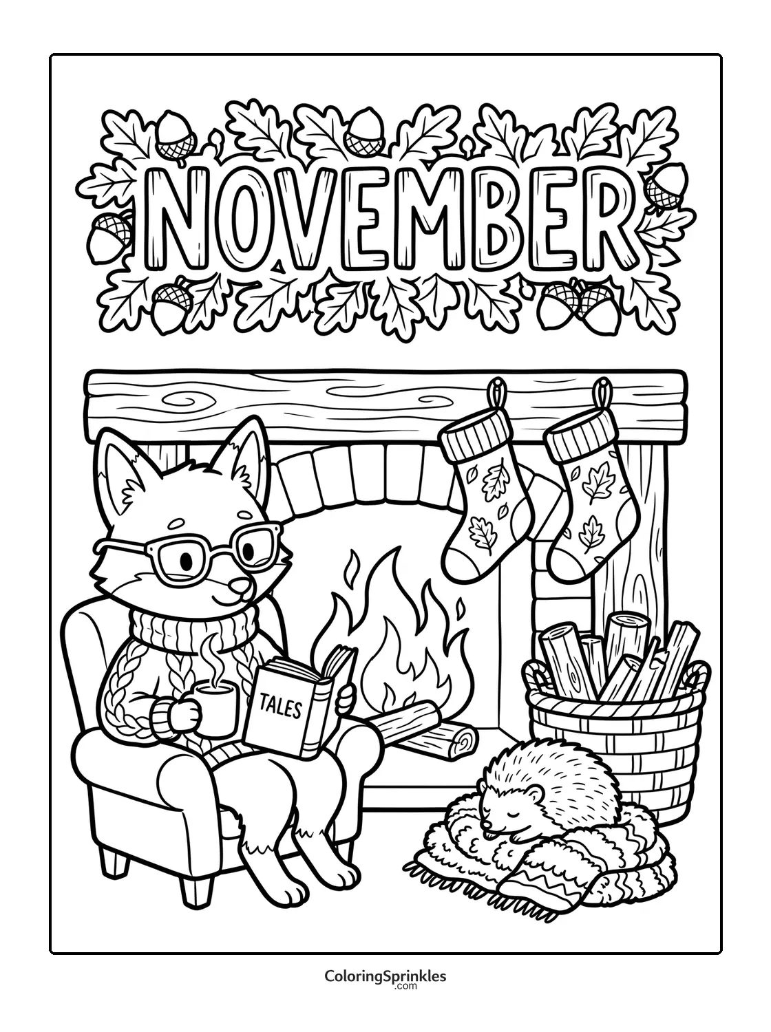 Coloring page of a fox reading by the fireplace with a hedgehog sleeping nearby