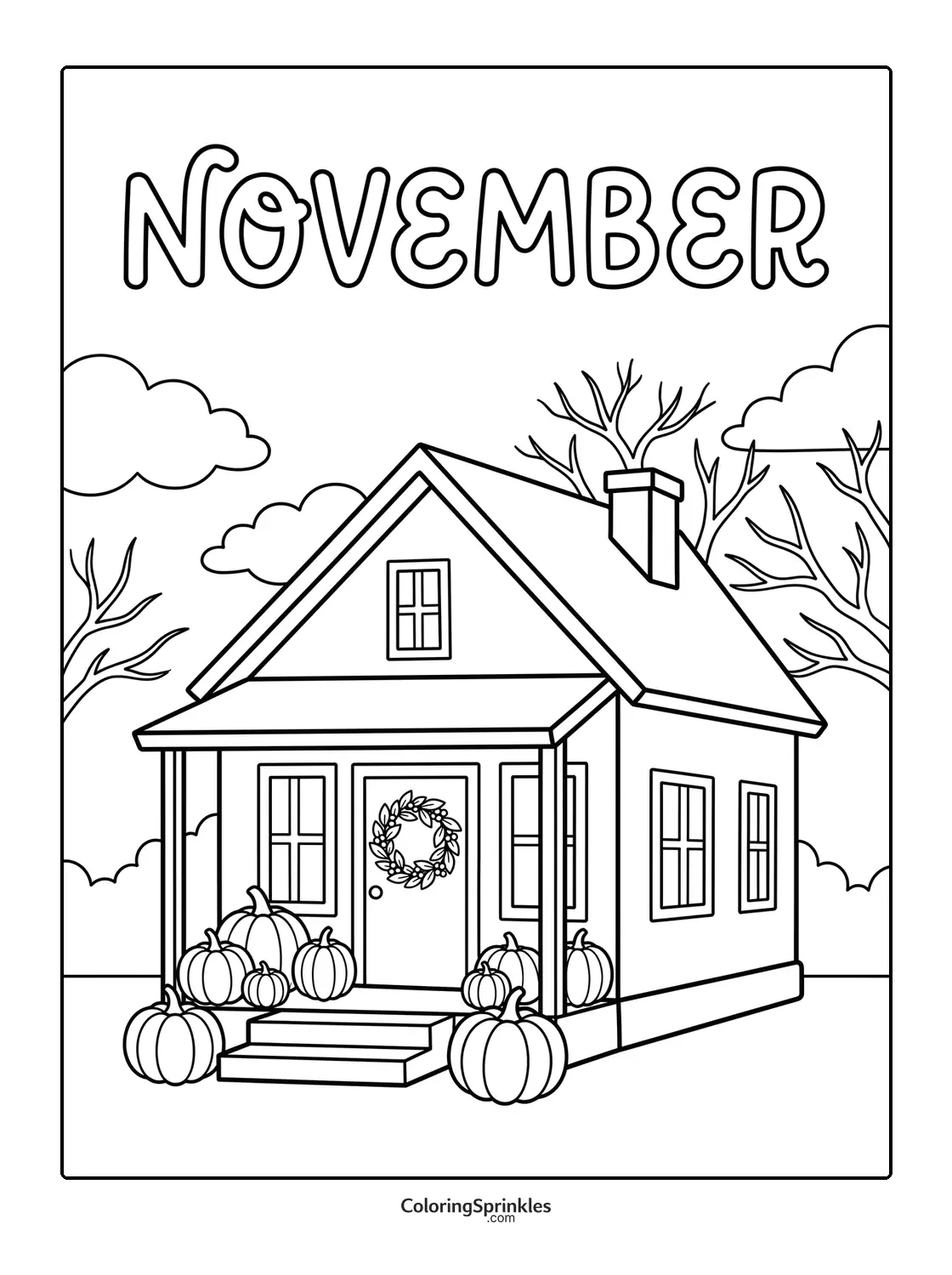 Coloring page of a house decorated with pumpkins and a wreath in November