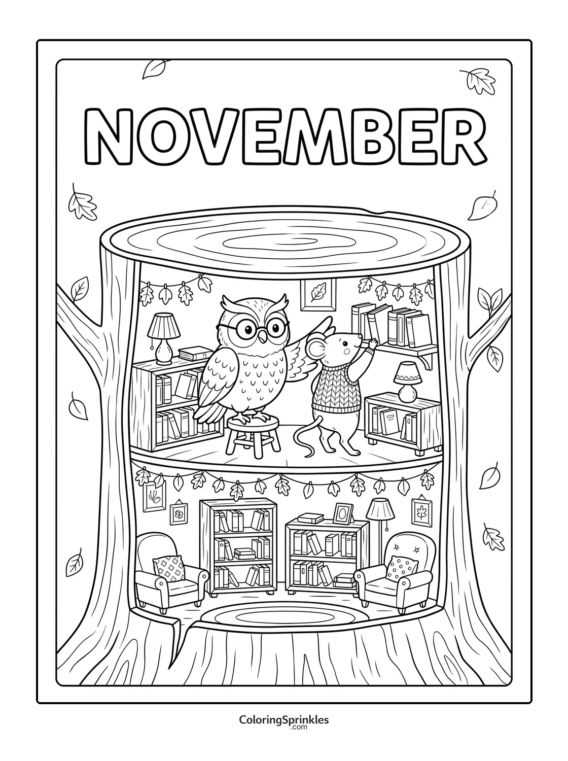 Coloring page of a treehouse library with an owl and a mouse in November
