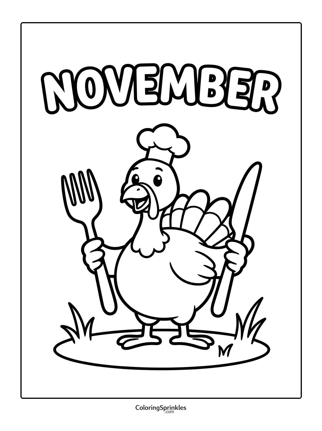 Coloring page of a turkey dressed as a chef holding a fork and knife