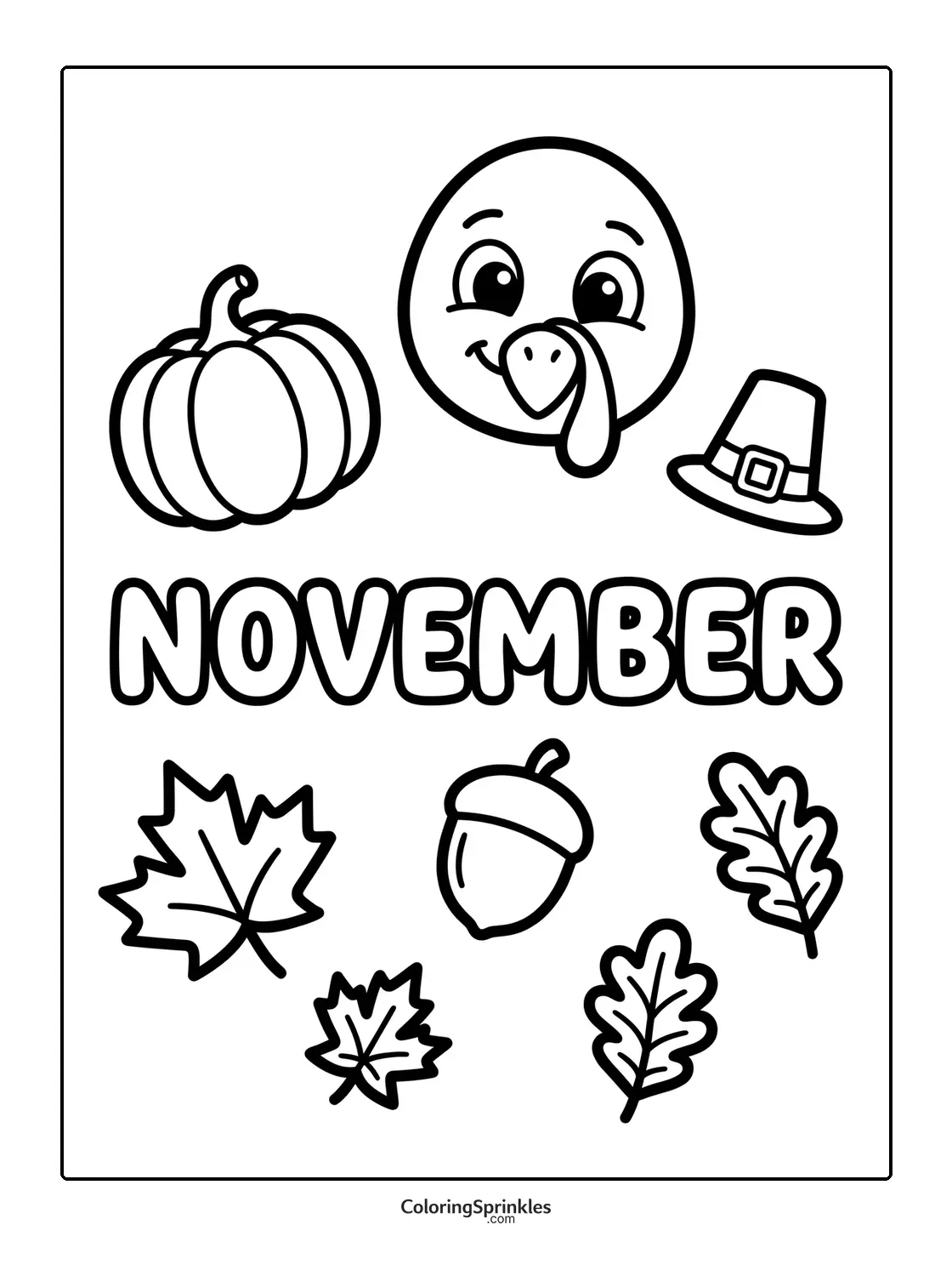 Coloring page of November symbols with a turkey, pumpkin, leaves, acorn, and pilgrim hat