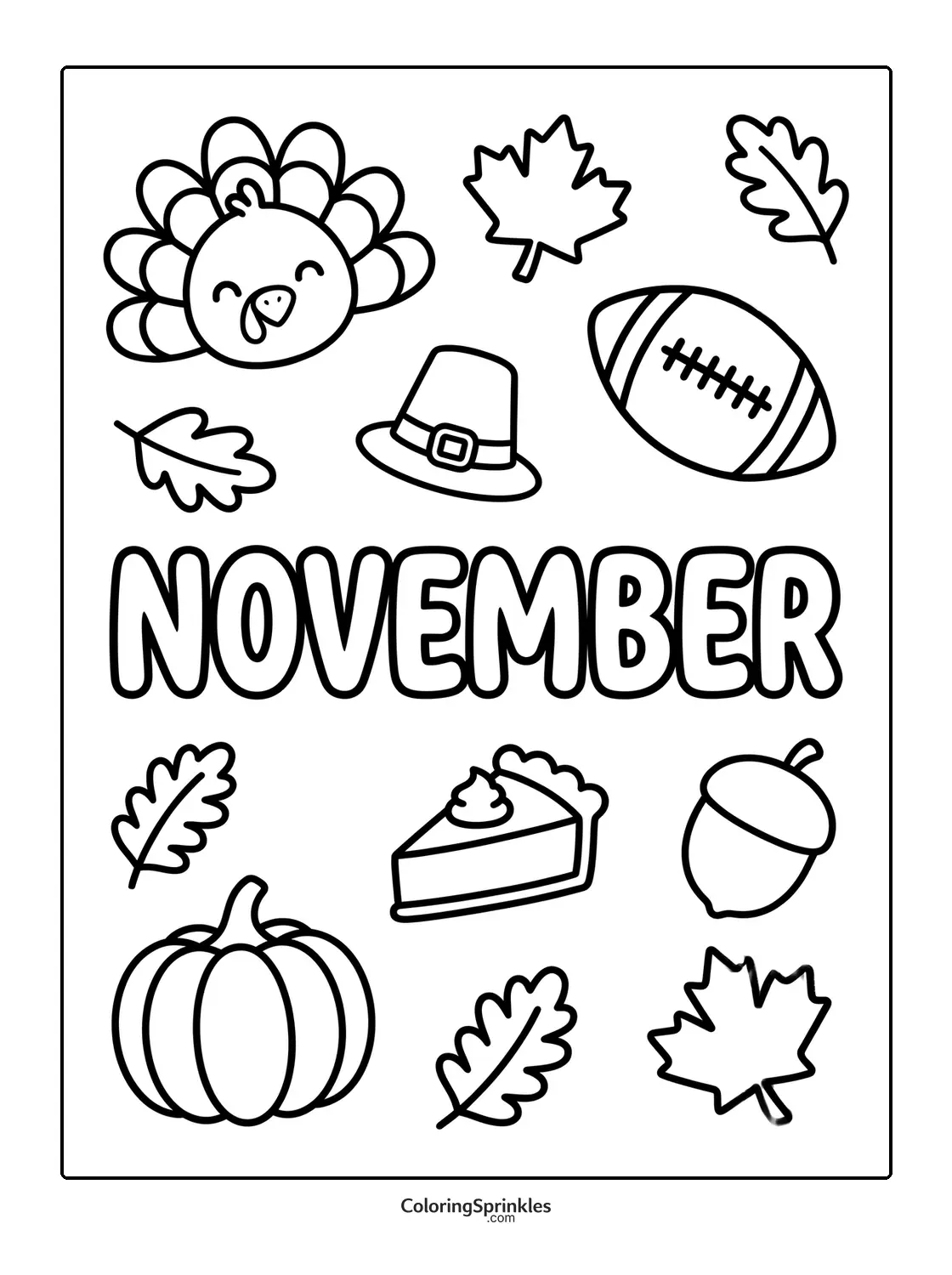 Coloring page of November themed icons with turkey pumpkin pie and leaves