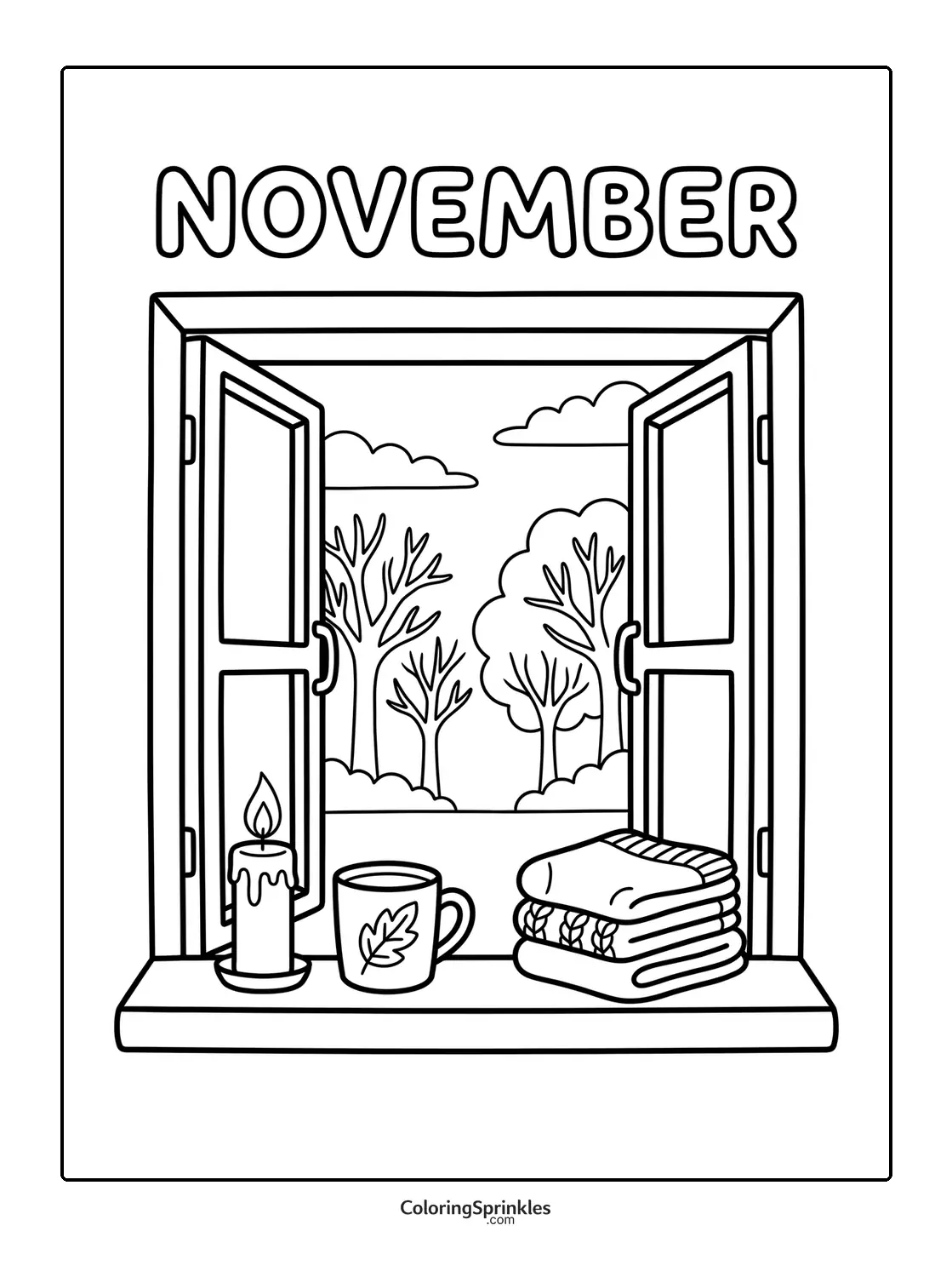 Coloring page of a November window scene with a candle, mug, blanket and trees outside