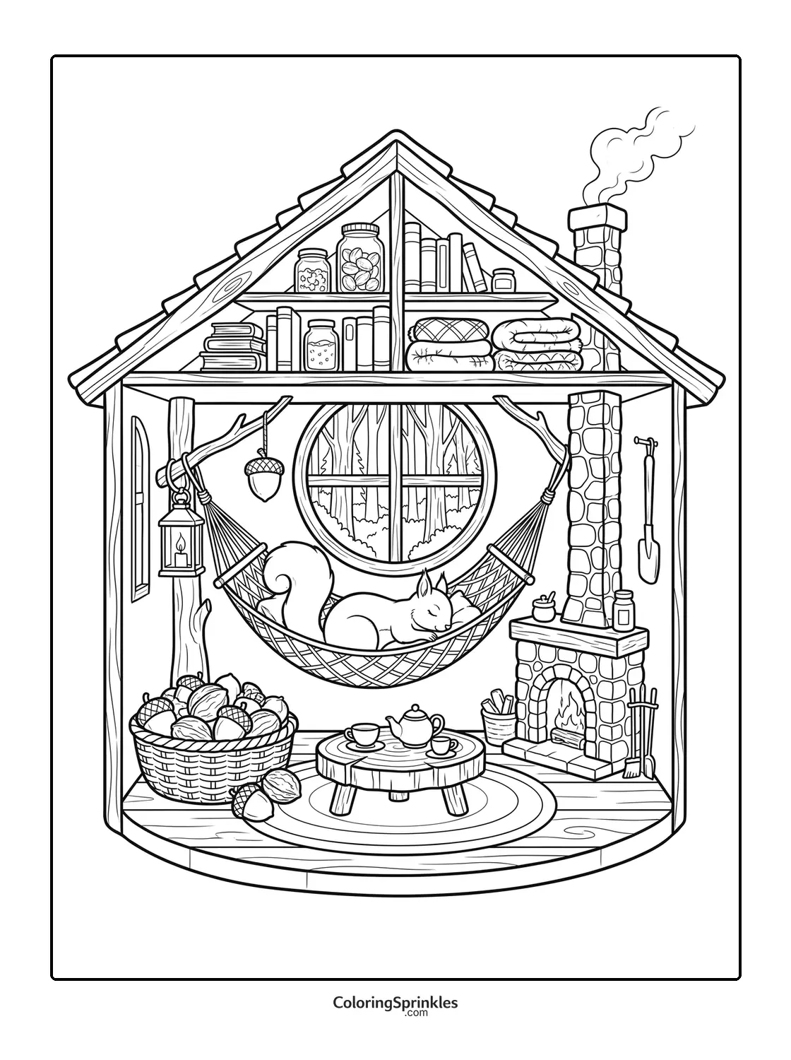 Coloring page of a squirrel sleeping in a hammock inside a cozy cabin with a fireplace