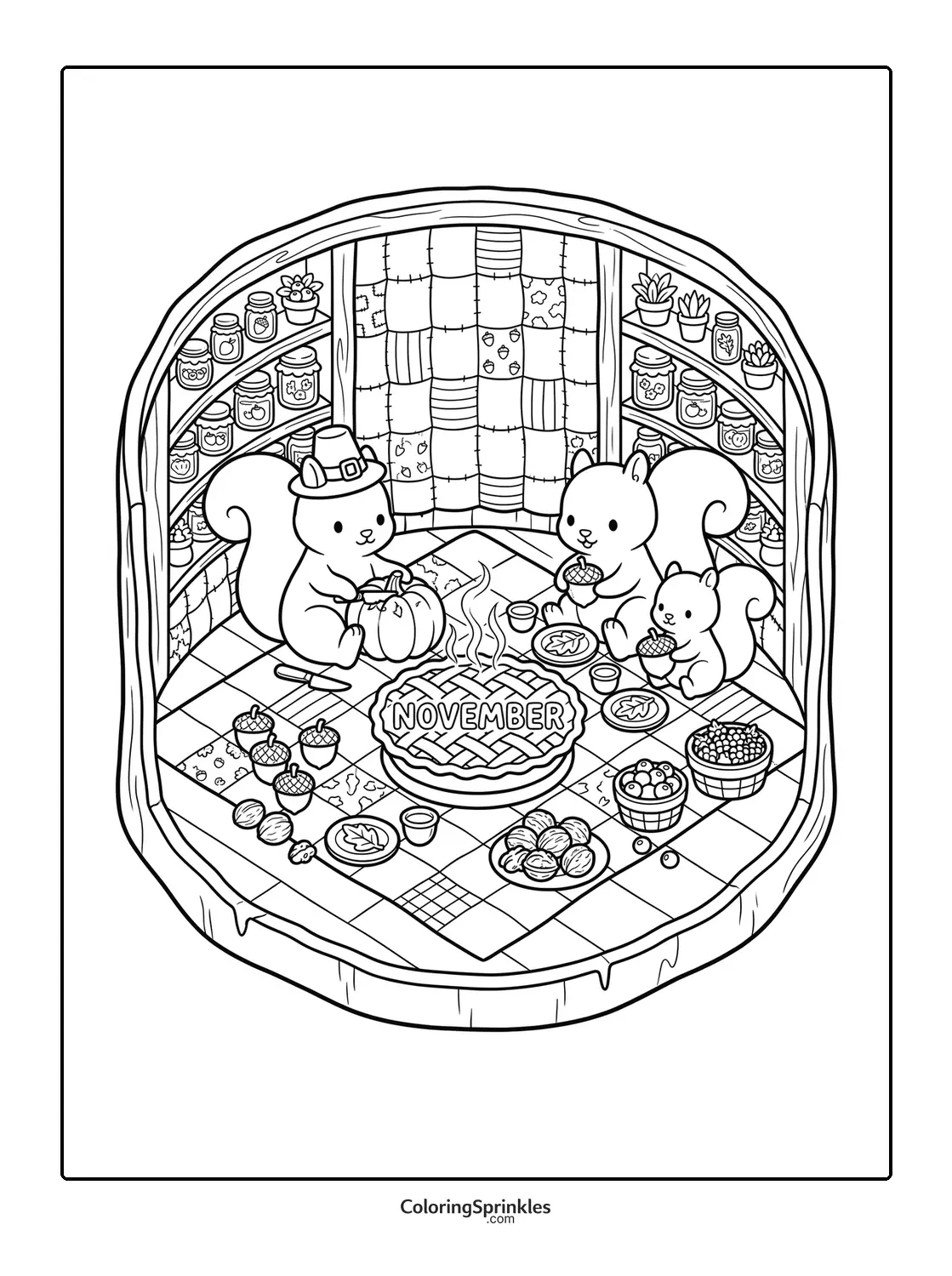 Coloring page of squirrels celebrating November with a pie and acorns