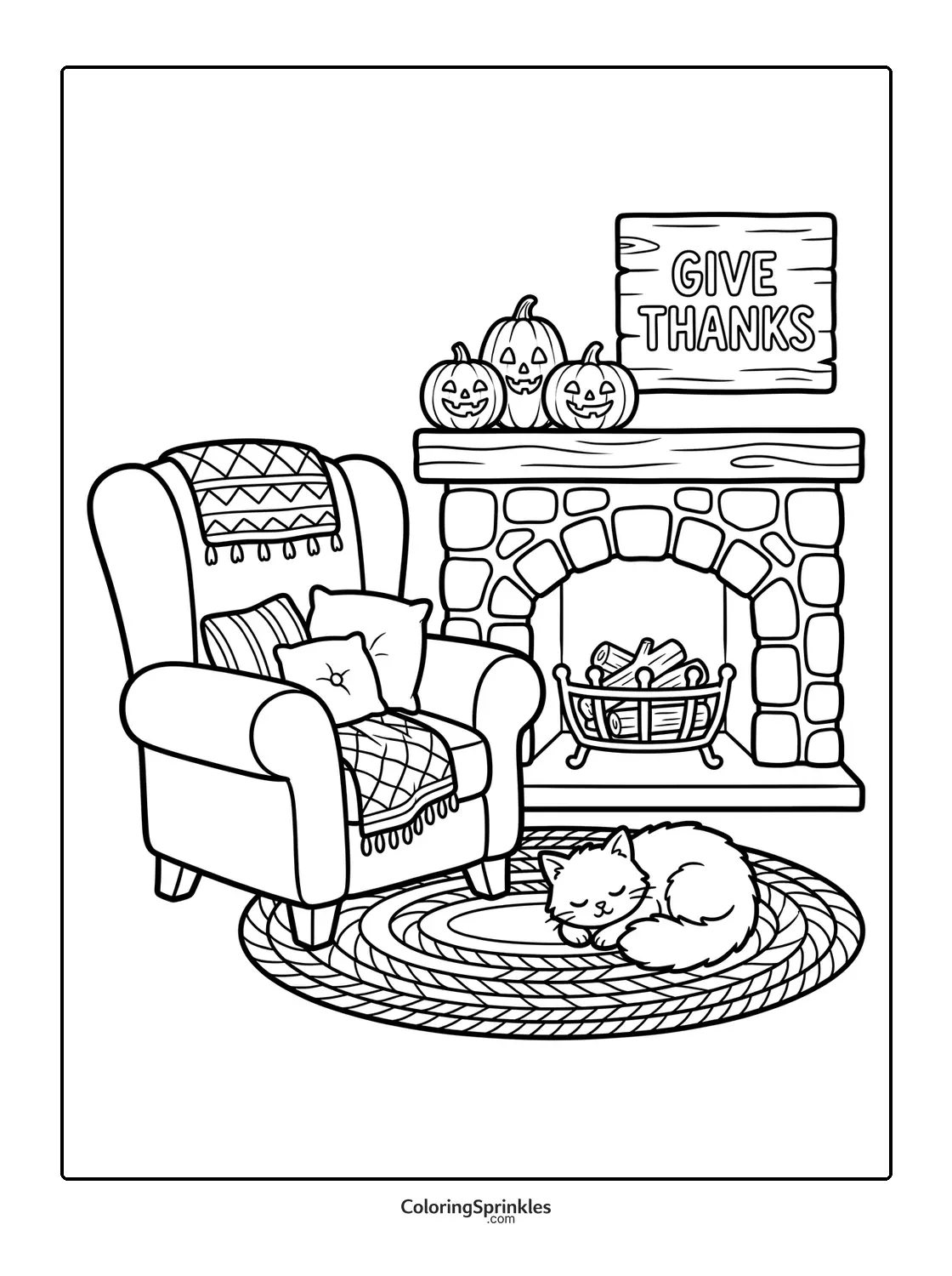 Coloring page of a cozy Thanksgiving fireplace with pumpkins and a sleeping cat