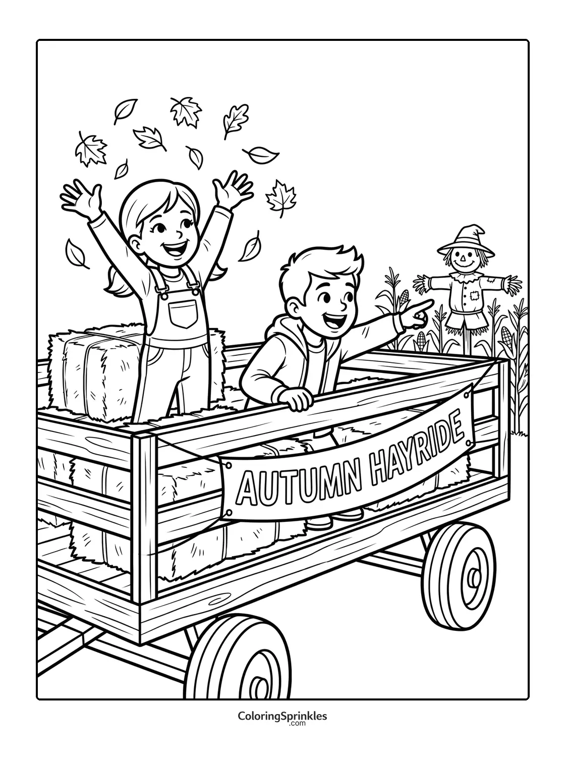 Coloring page of kids enjoying an autumn hayride with falling leaves and a scarecrow