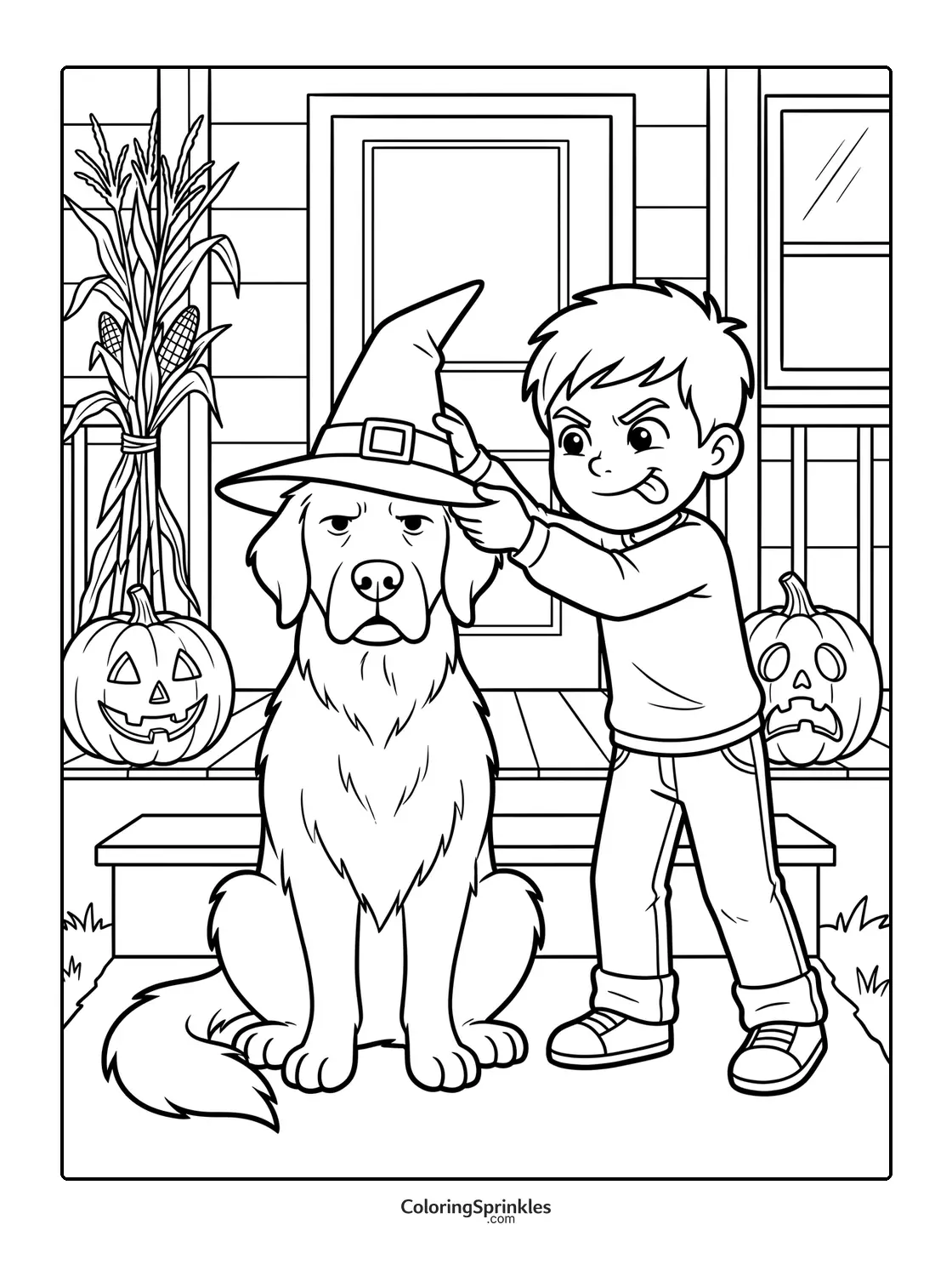 Coloring page of a boy putting a witch hat on a dog on a Halloween porch