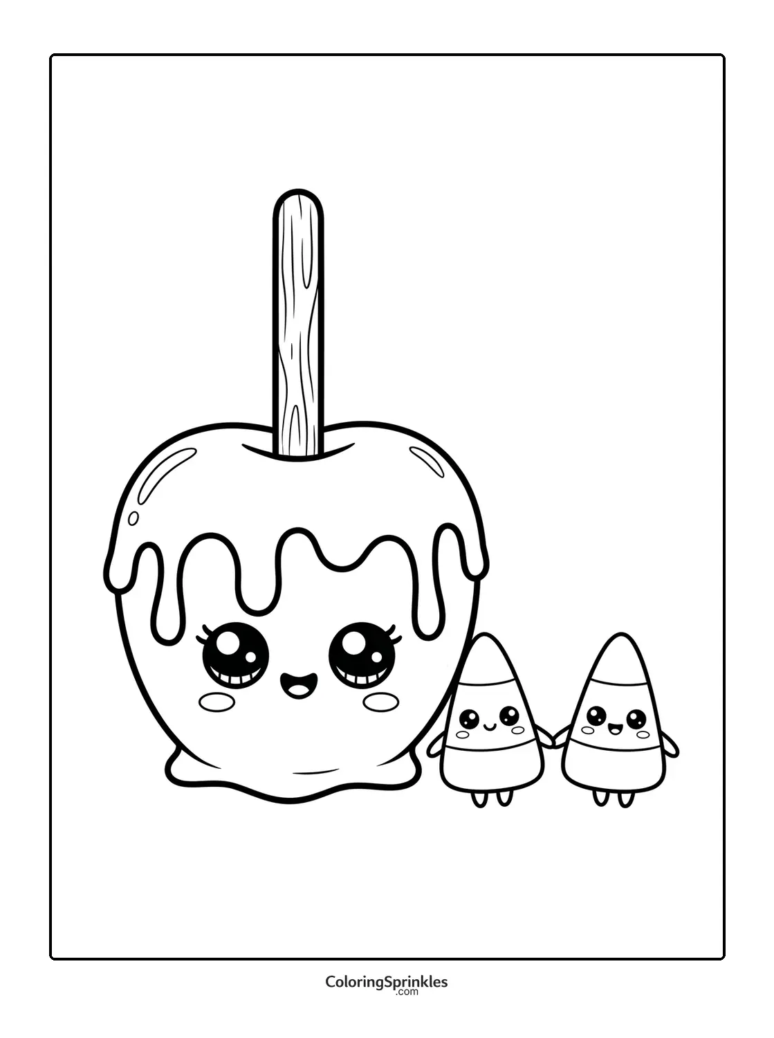 Coloring page of a cute candy apple with two candy corn friends