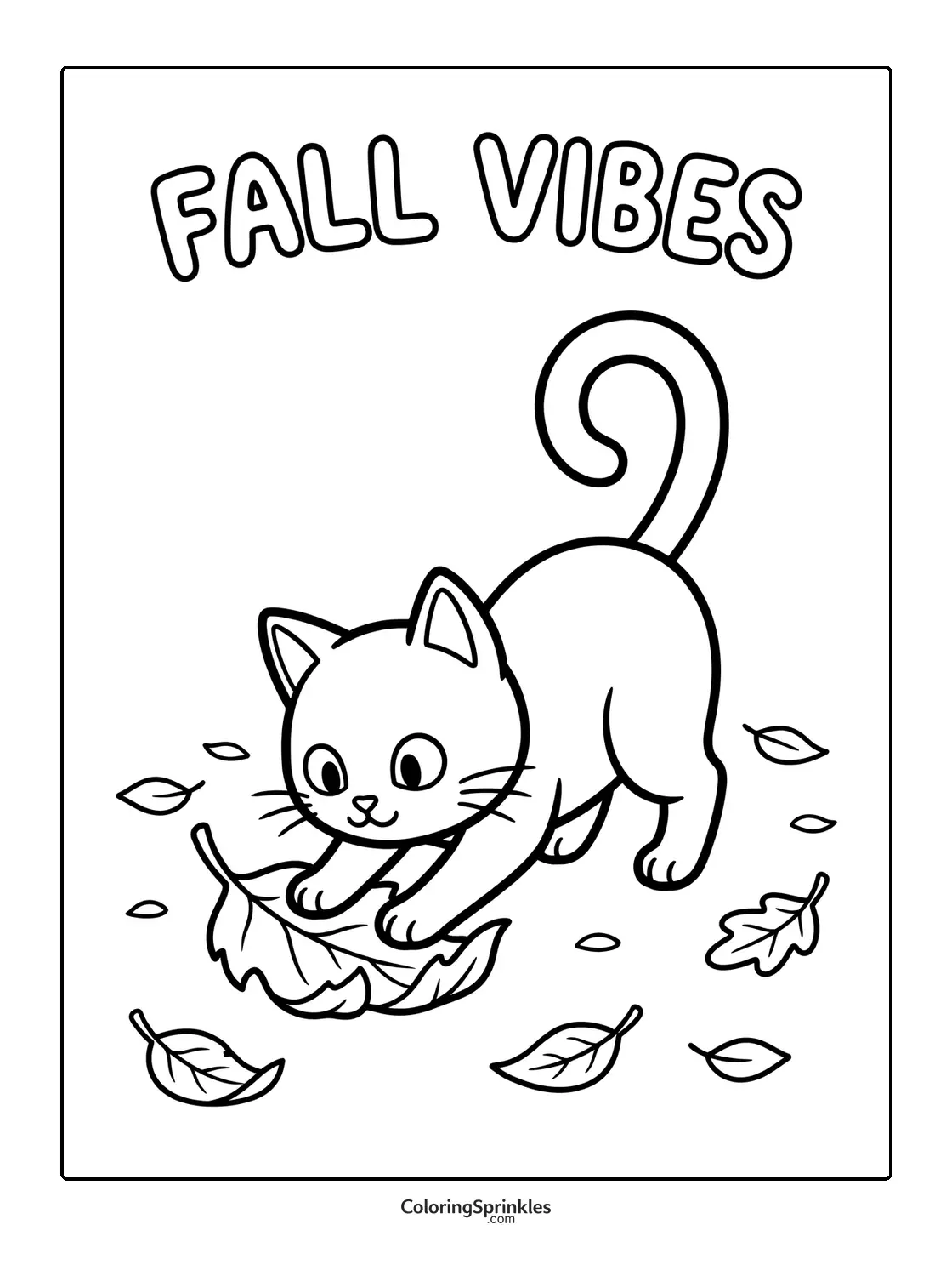 Coloring page of a cat playing with fall leaves