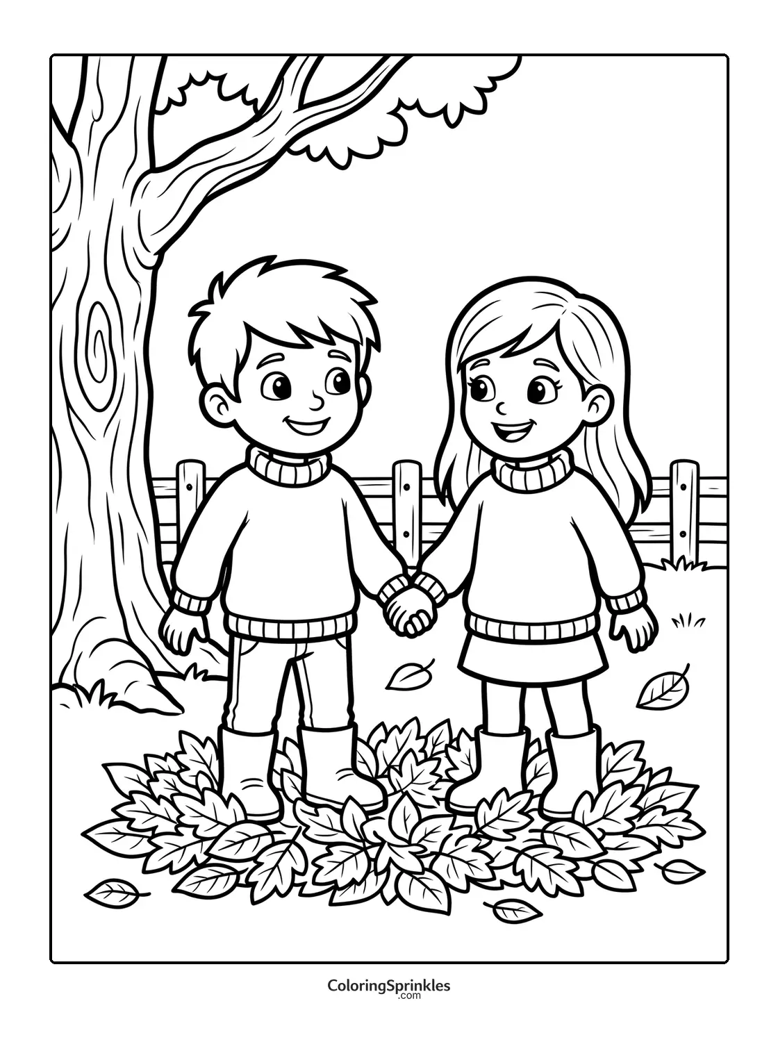Coloring page of children holding hands standing on fall leaves near a tree