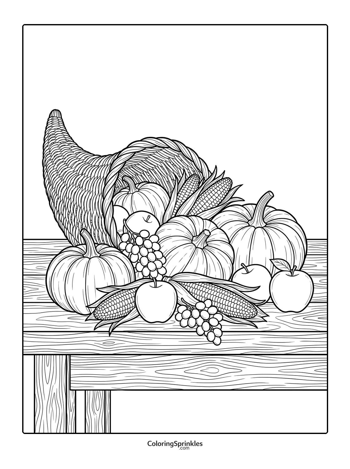 Coloring page of a cornucopia with pumpkins, apples, corn and grapes on a wooden table