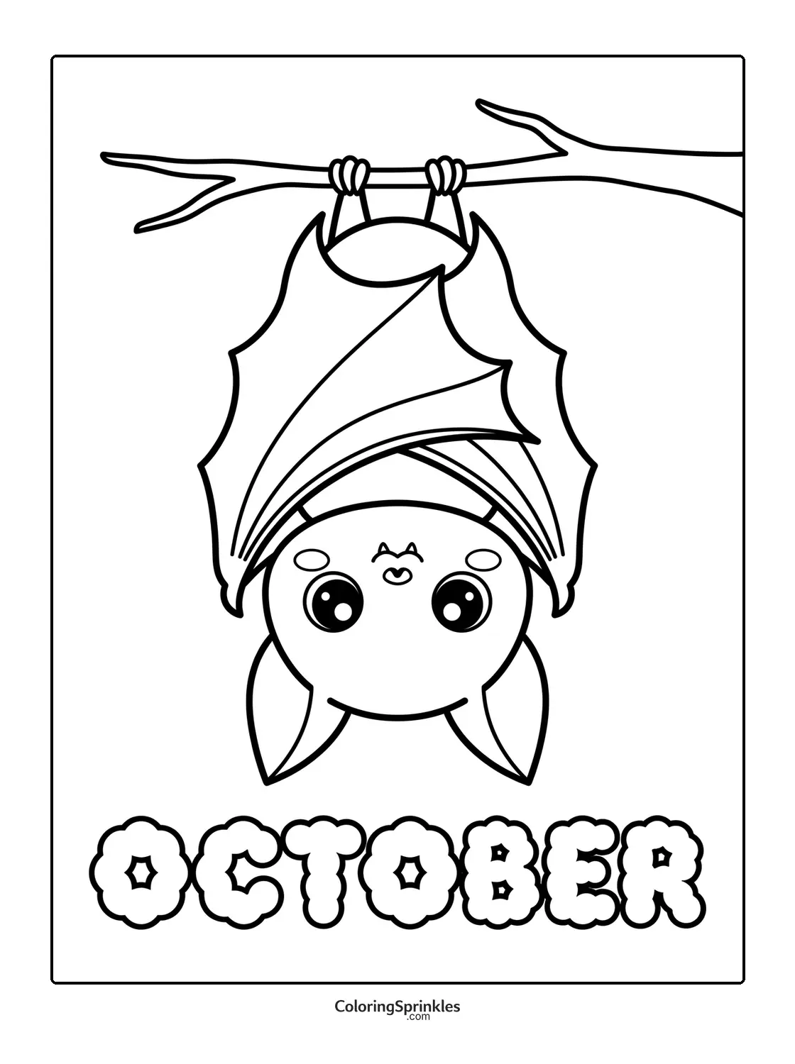 Coloring page of a cute bat hanging upside down on a branch with October text
