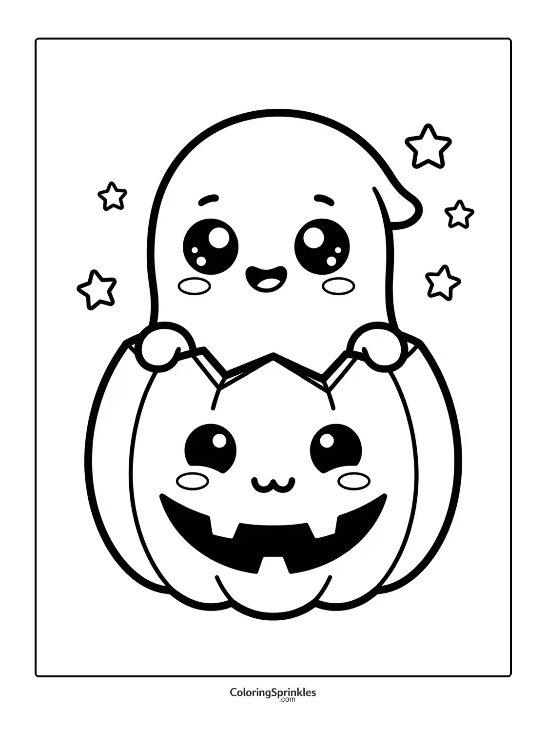 Coloring page of a cute ghost popping out of a happy pumpkin with stars